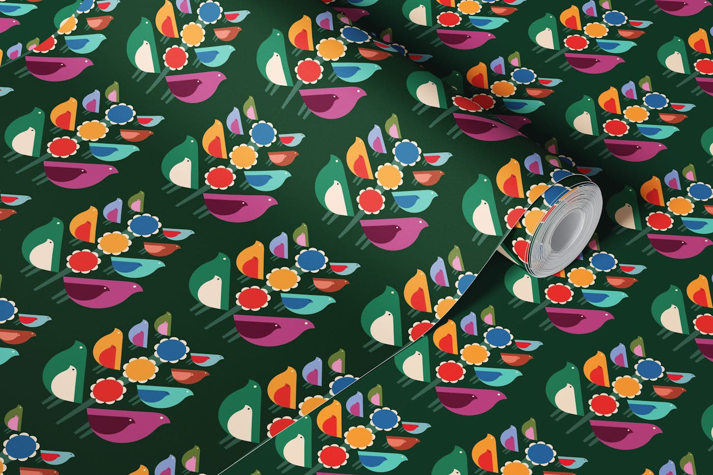 Mid Century Bird Blooms wallpaper roll