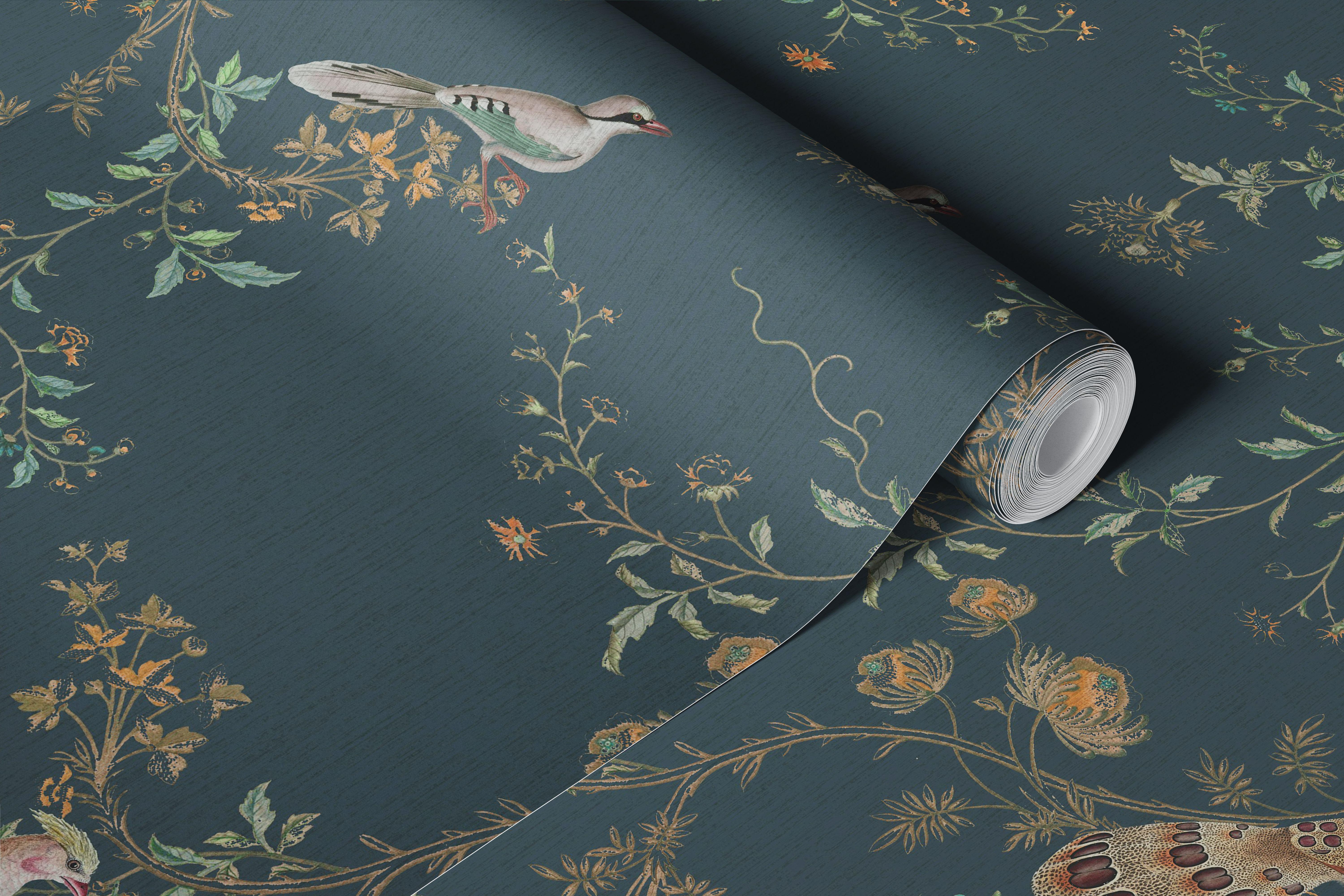 Chinoiserie birds and flowers in dark green wallpaper design