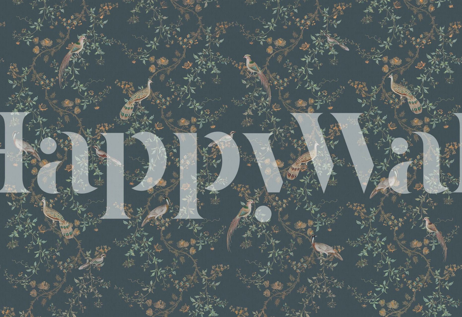 Chinoiserie birds and flowers in dark green wallpaper design