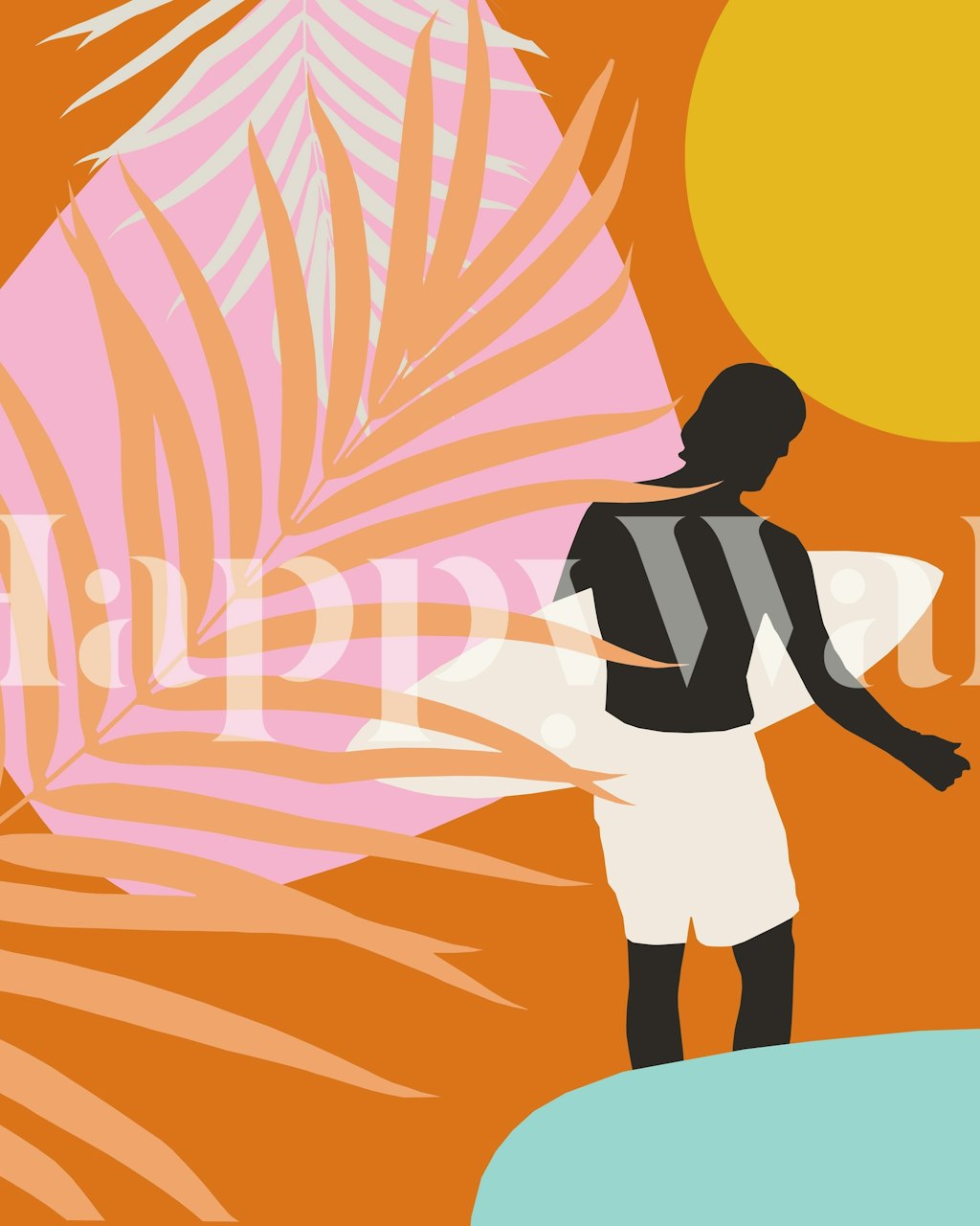 Colorful wallpaper featuring a surfer silhouette