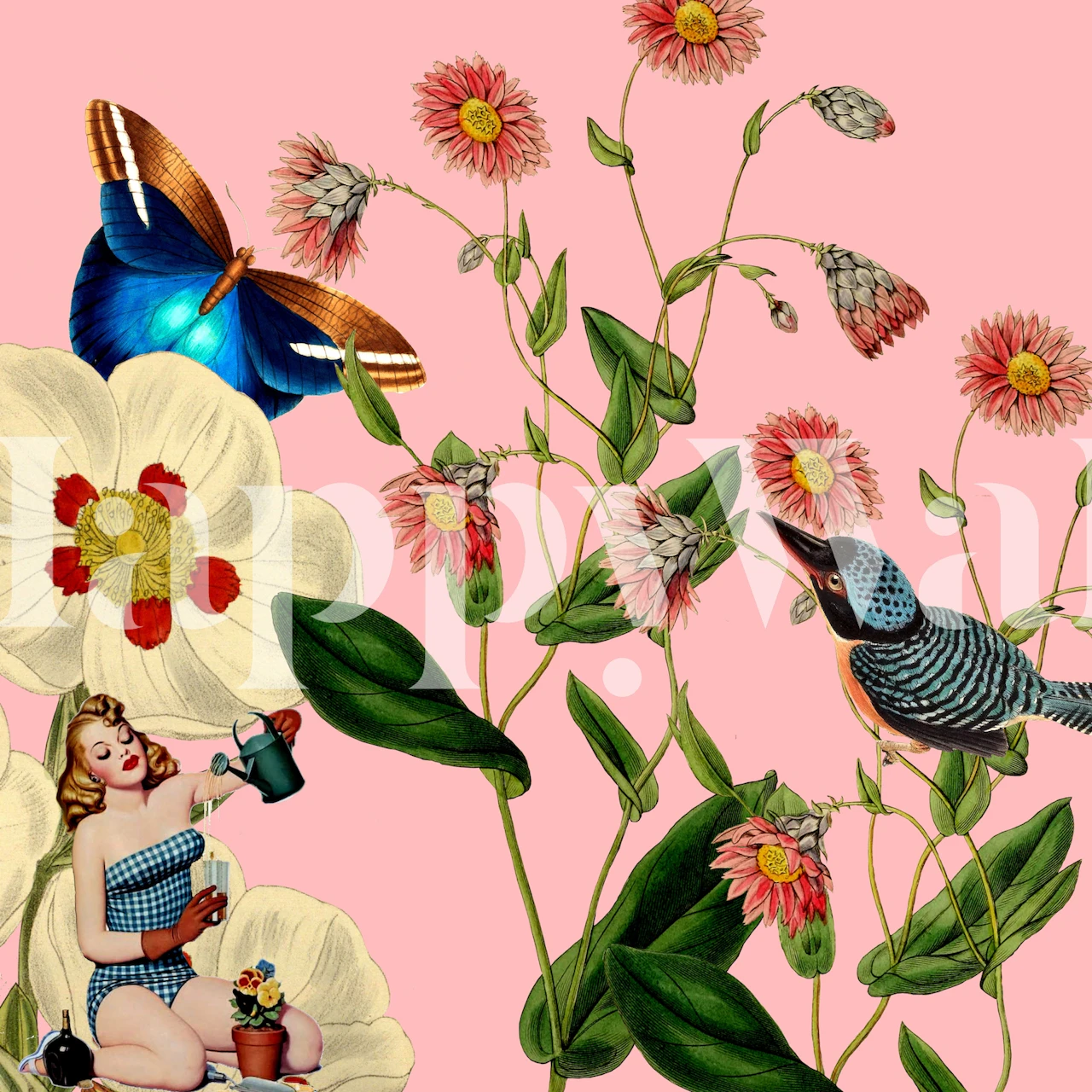 Floral design with pink background, featuring flowers and butterfly wallpaper