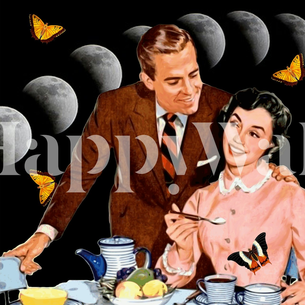 Vintage couple dining with butterflies and moon phases wallpaper