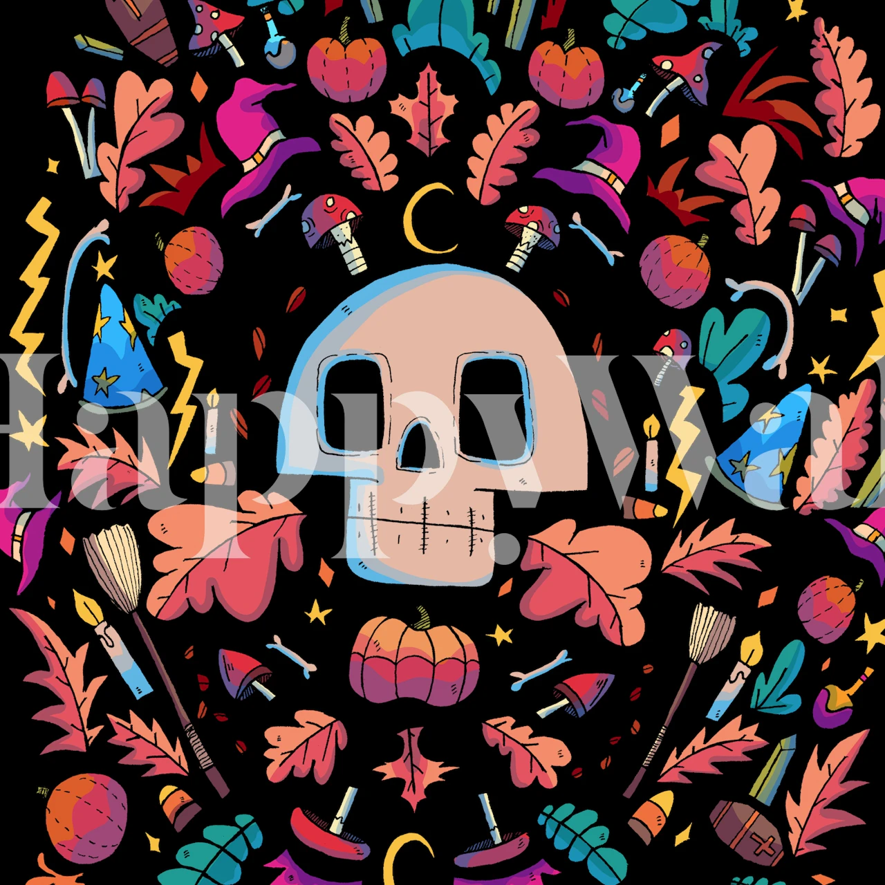 Colorful Halloween-themed wallpaper with skulls, pumpkins, and autumn leaves on black background