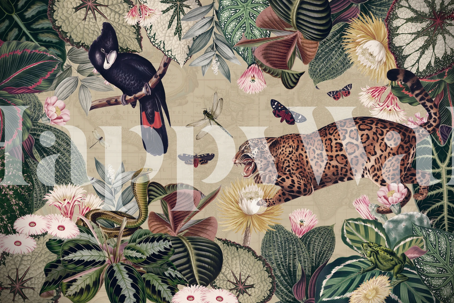 Exotic jungle wall mural with wild animals and tropical plants illustration