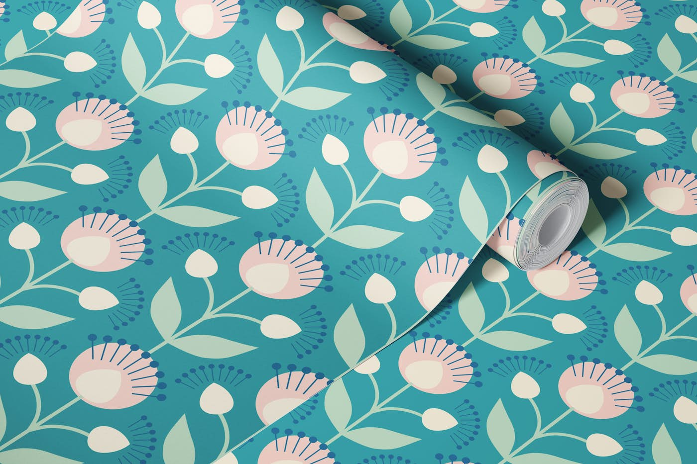 Maximalist floral retro aqua wallpaper roll