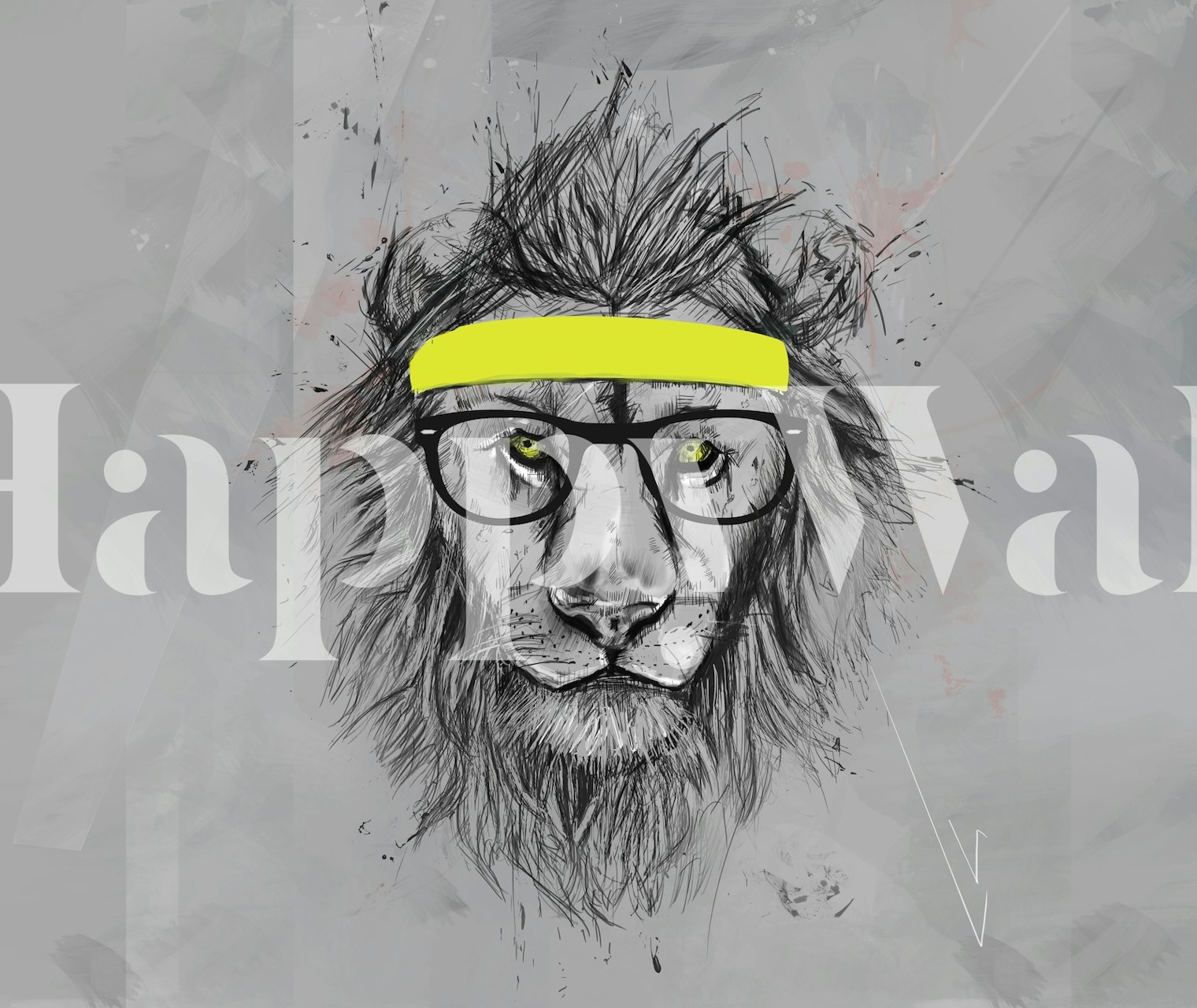 Black and white illustrated lion with a hip headband wall mural
