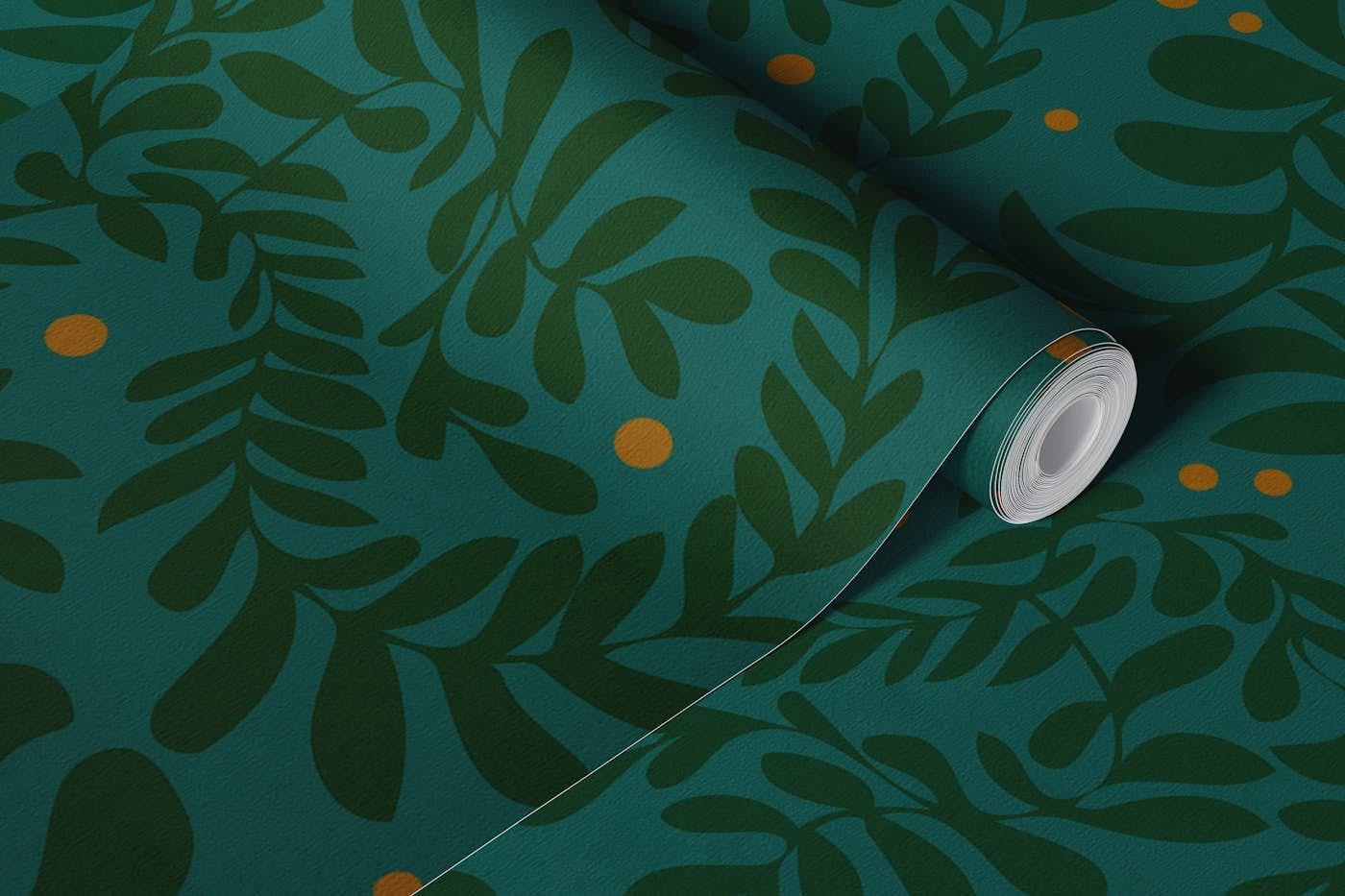 leaves on dark teal wallpaper roll