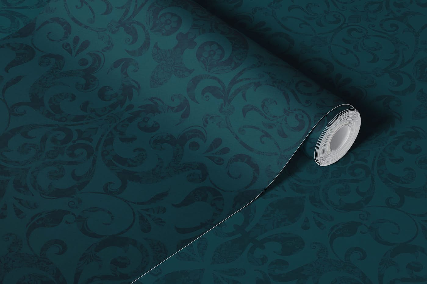 Fleur de Lis French Damask Dark Velvet Teal wallpaper roll