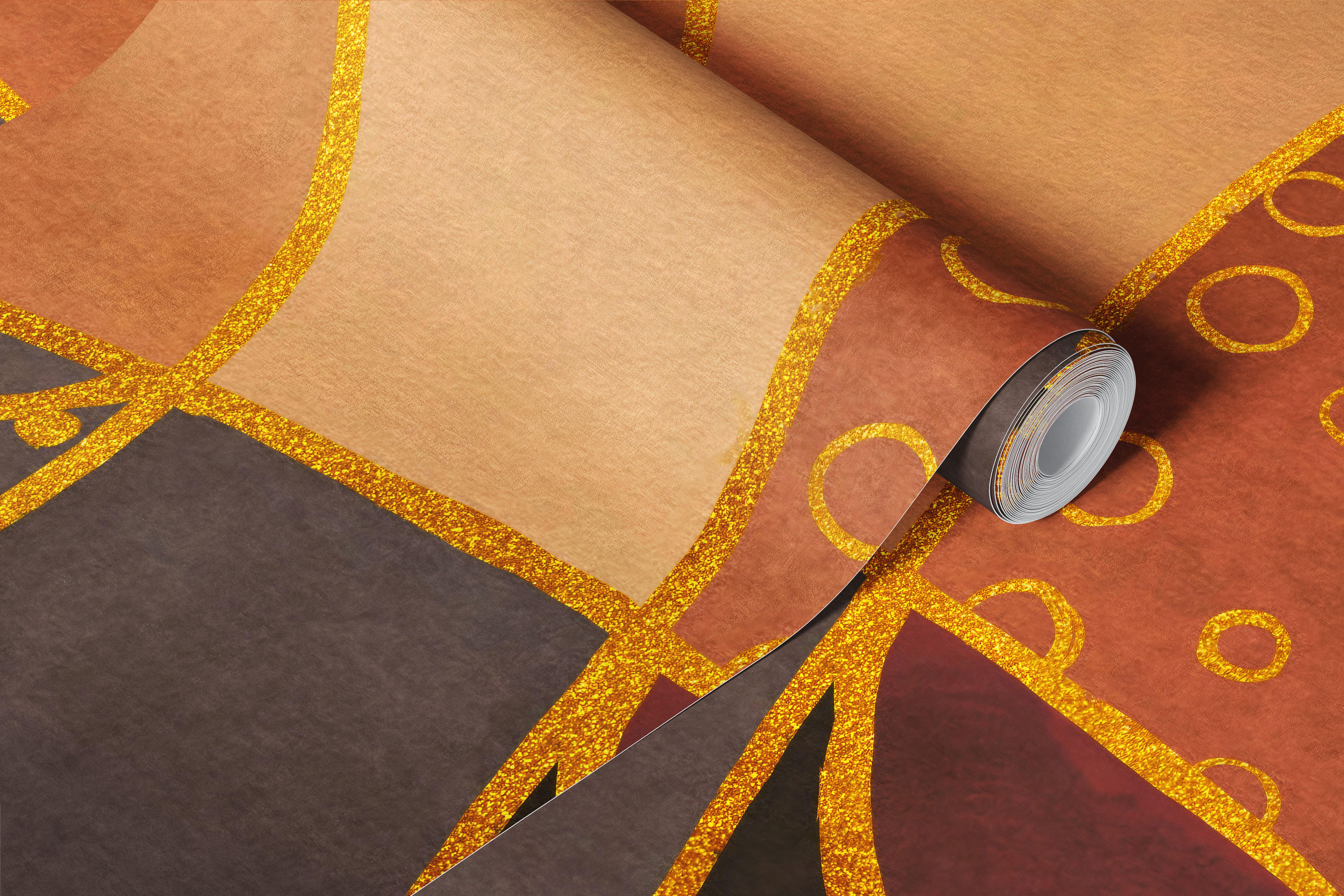 Brown and gold abstract shapes with dotted and linear patterns wallpaper
