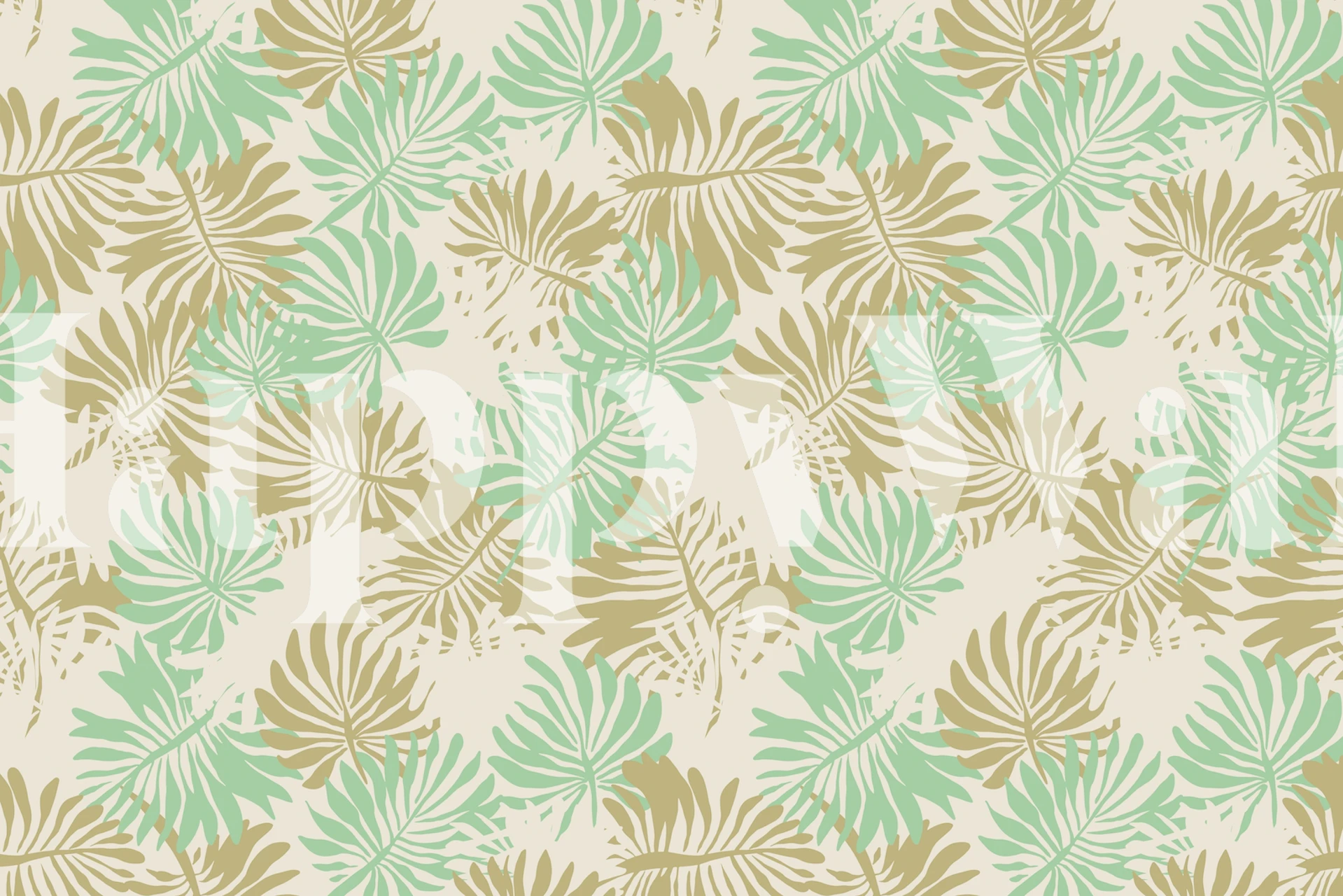 Tropical palm leaves in light green and beige wallpaper