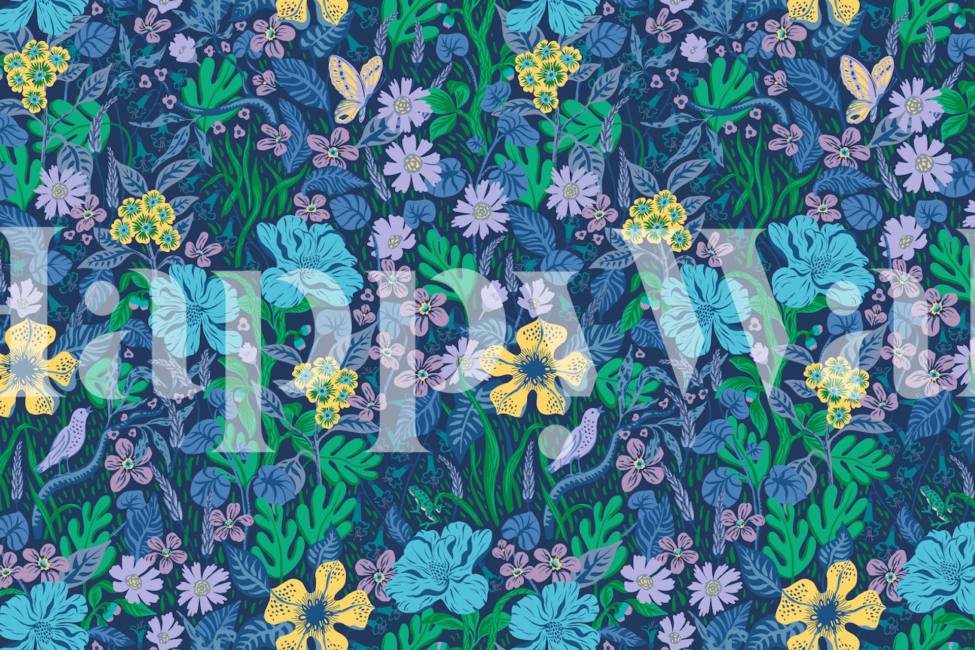 Maksimalistička plava cvjetna tapeta sa skrivenim detaljima i žutim detaljima