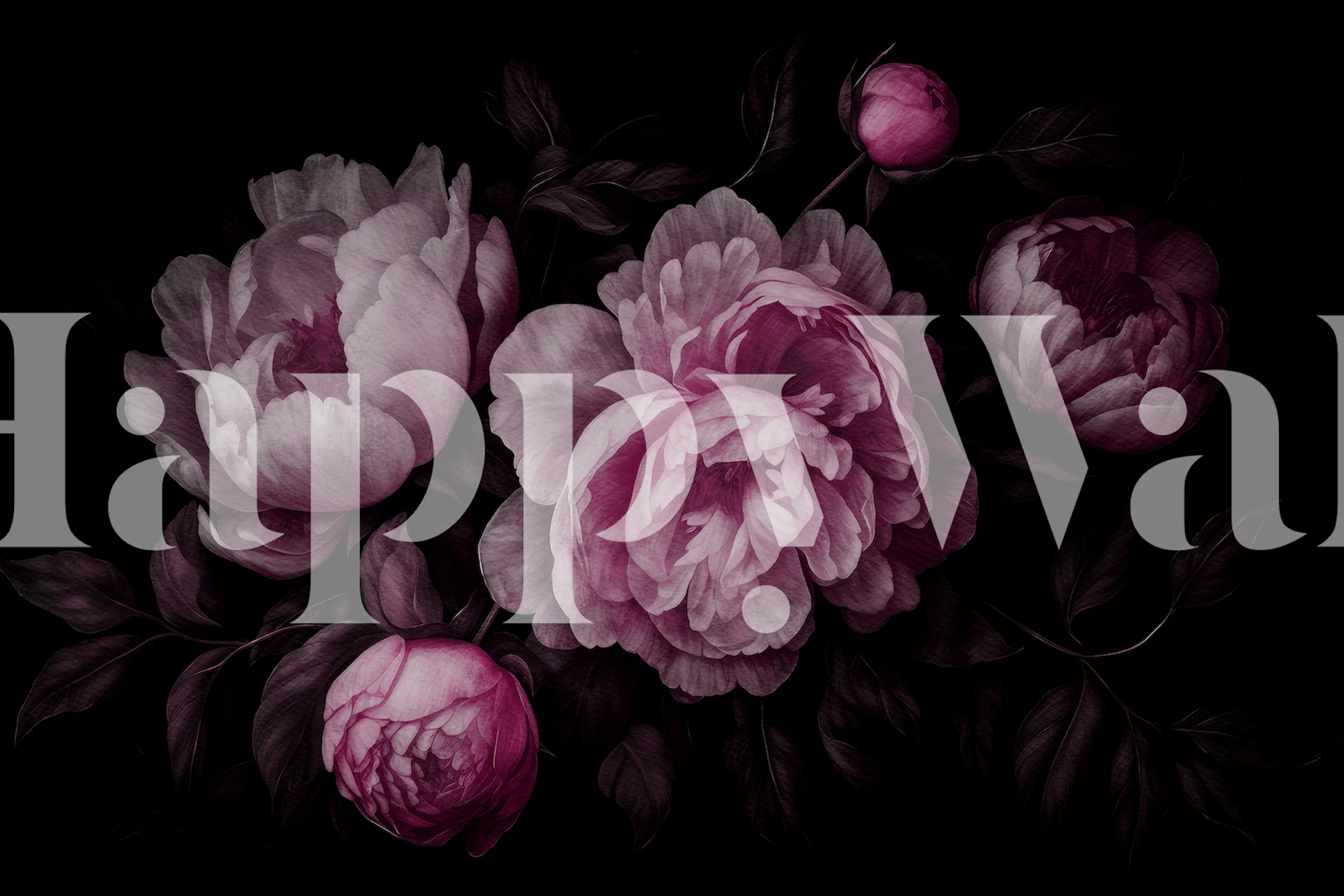 Elegant dark floral wall mural with pink peonies in a Baroque style