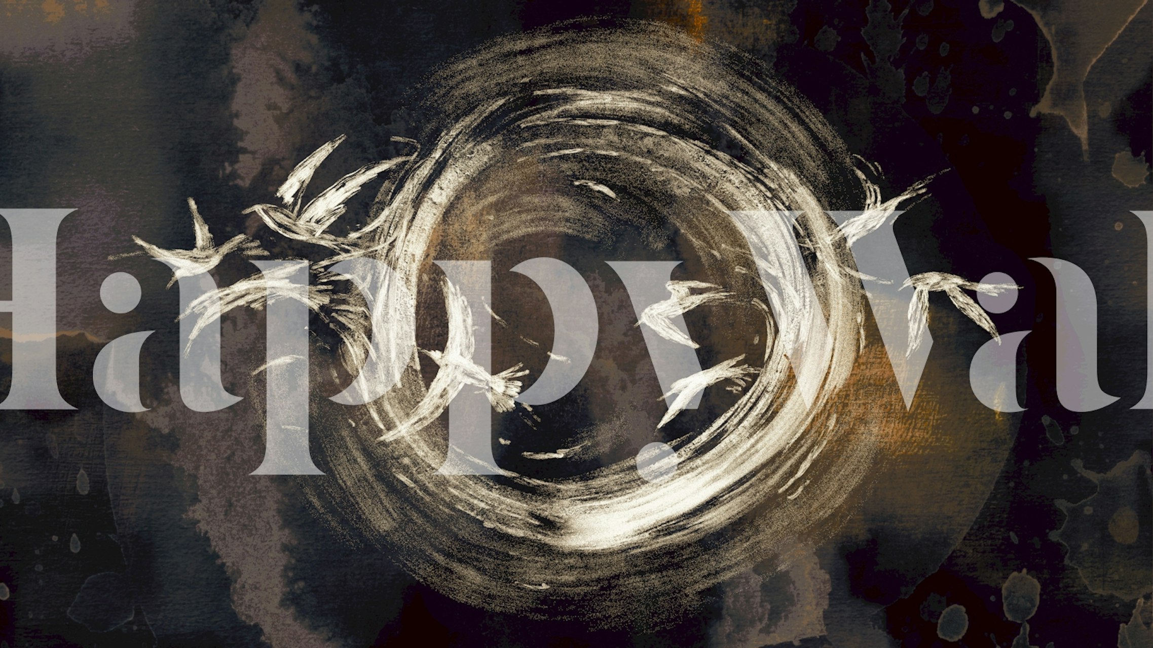 White birds swirling in black and gold hues wallpaper