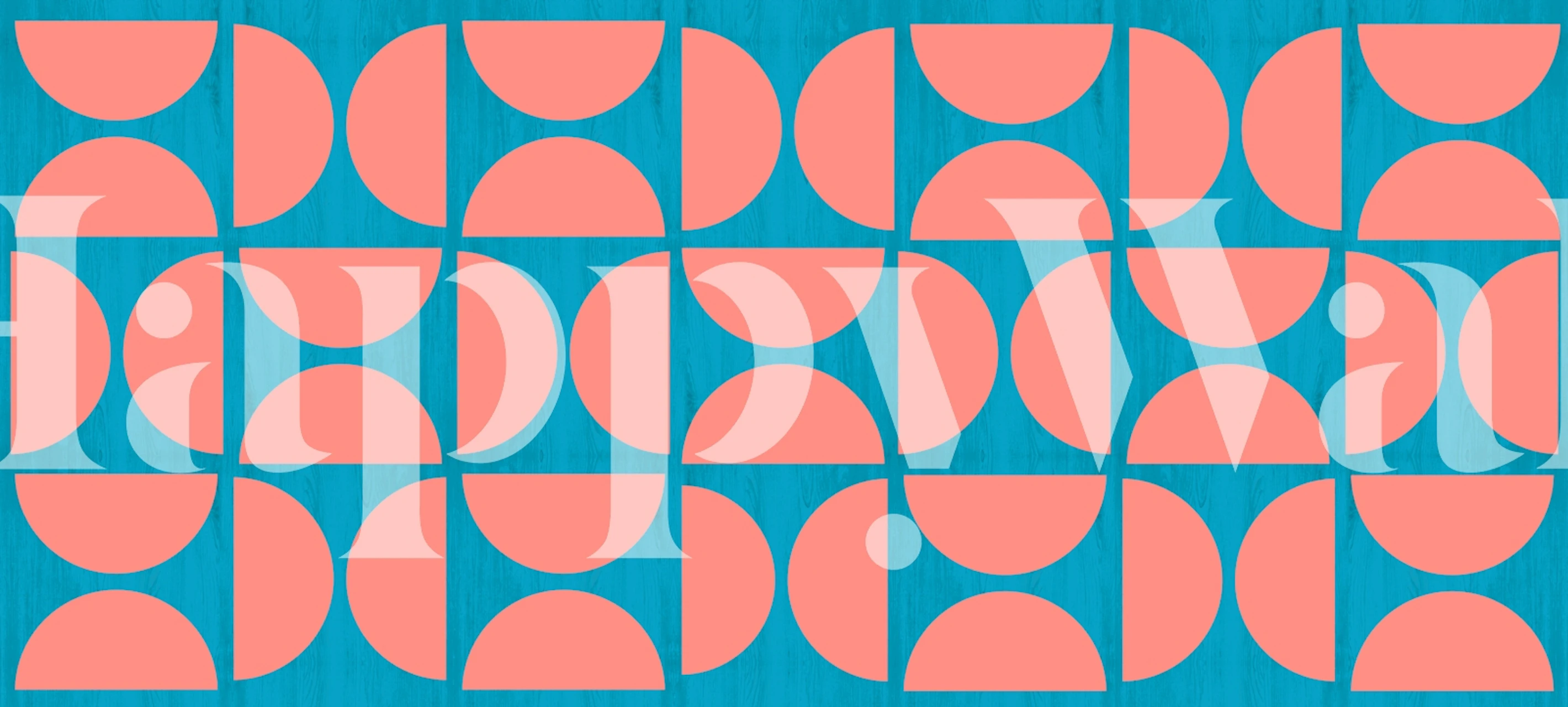 Mid-century modern wallpaper with blue wooden background and coral geometric shapes