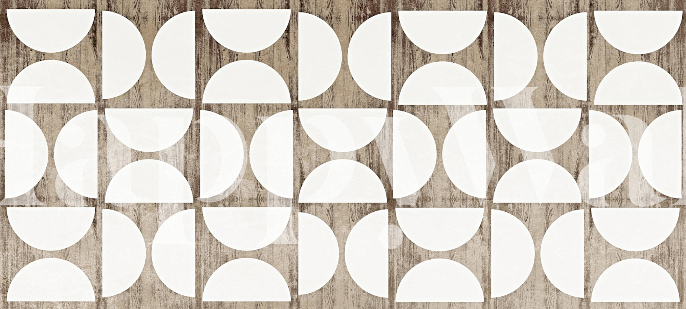 Geometric half-circle patterns in white on rustic wood wallpaper