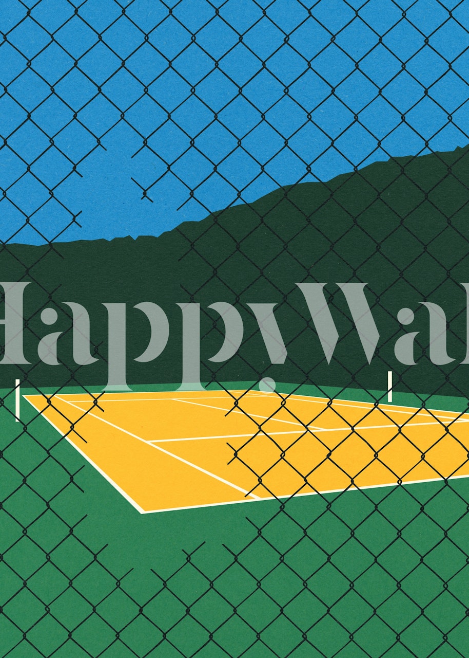 Tennis court with yellow surface and green fence wallpaper