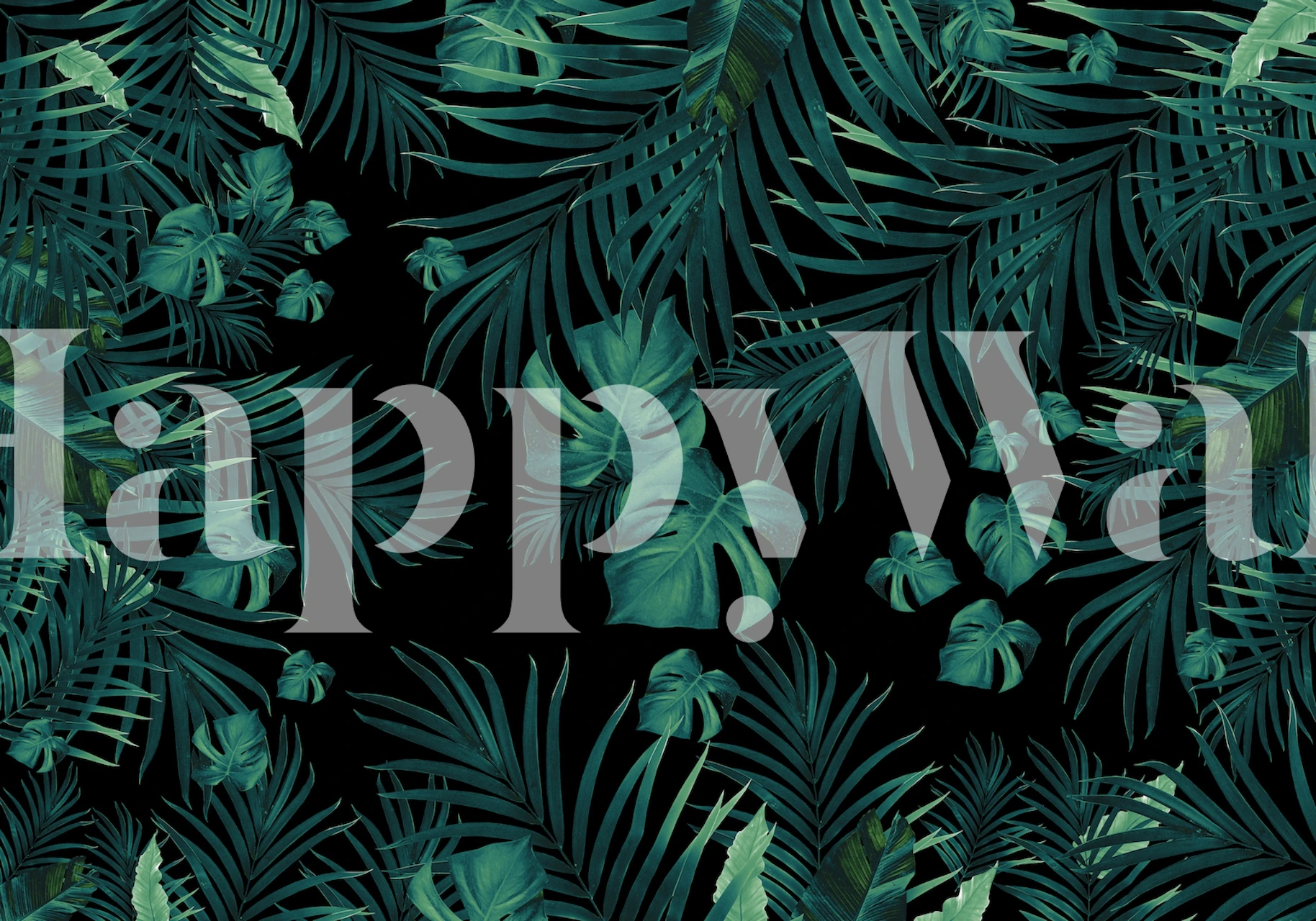 Lush tropical leaves wall mural in dark green hues for a night jungle ambience.