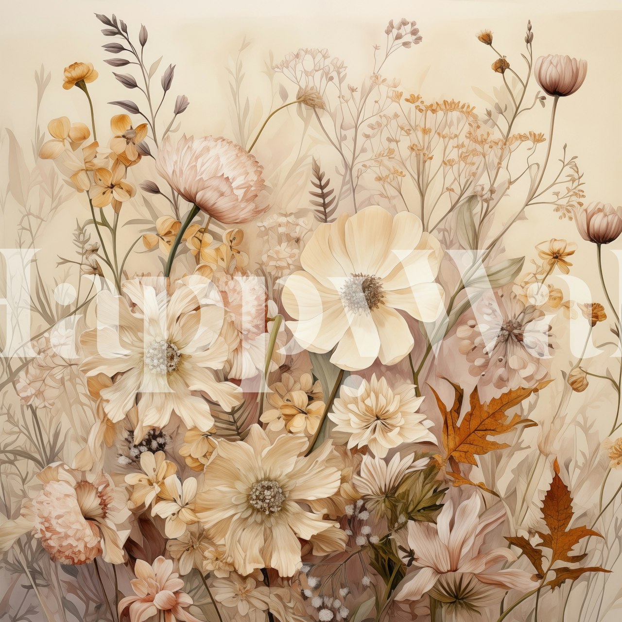 Cream floral wallpaper featuring soft flowers and delicate foliage