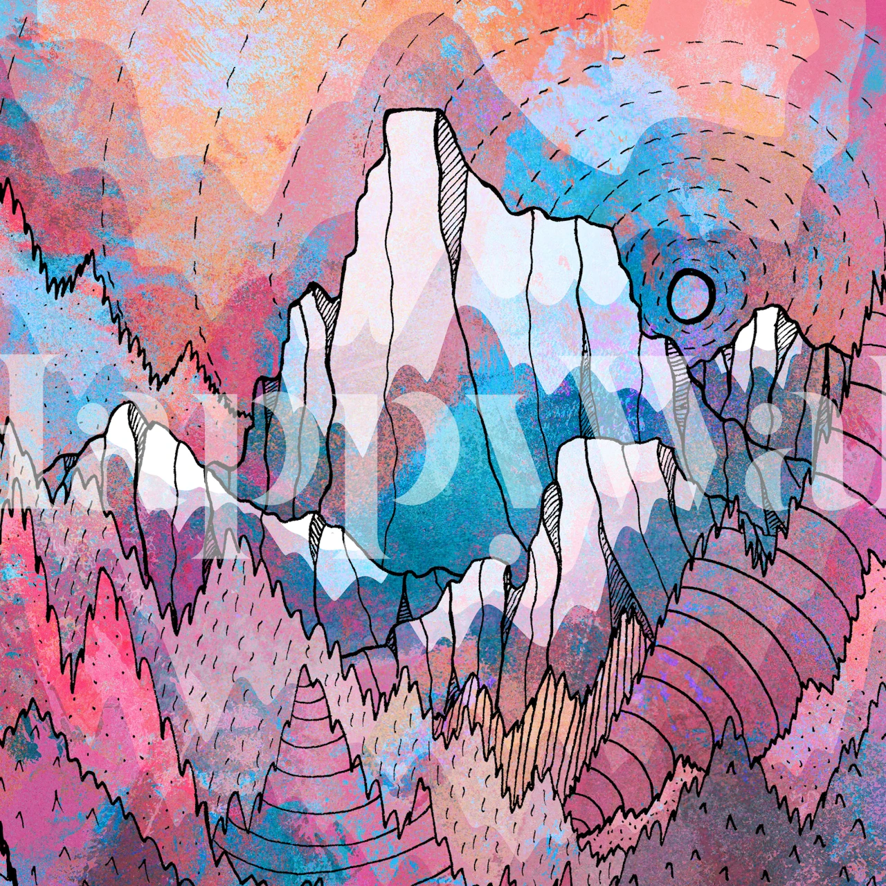 Abstract wall mural of a stream flowing through a colorful, textured landscape