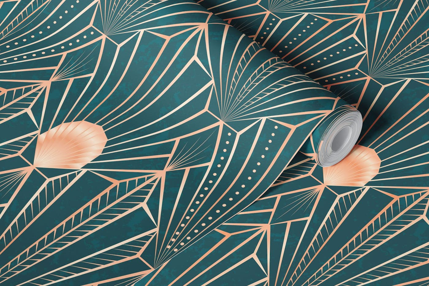 Modern Art Deco Shells - Rose Gold on Emerald wallpaper roll