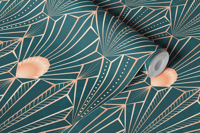 Modern Art Deco Shells - Rose Gold on Emeraldwallpaper roll
