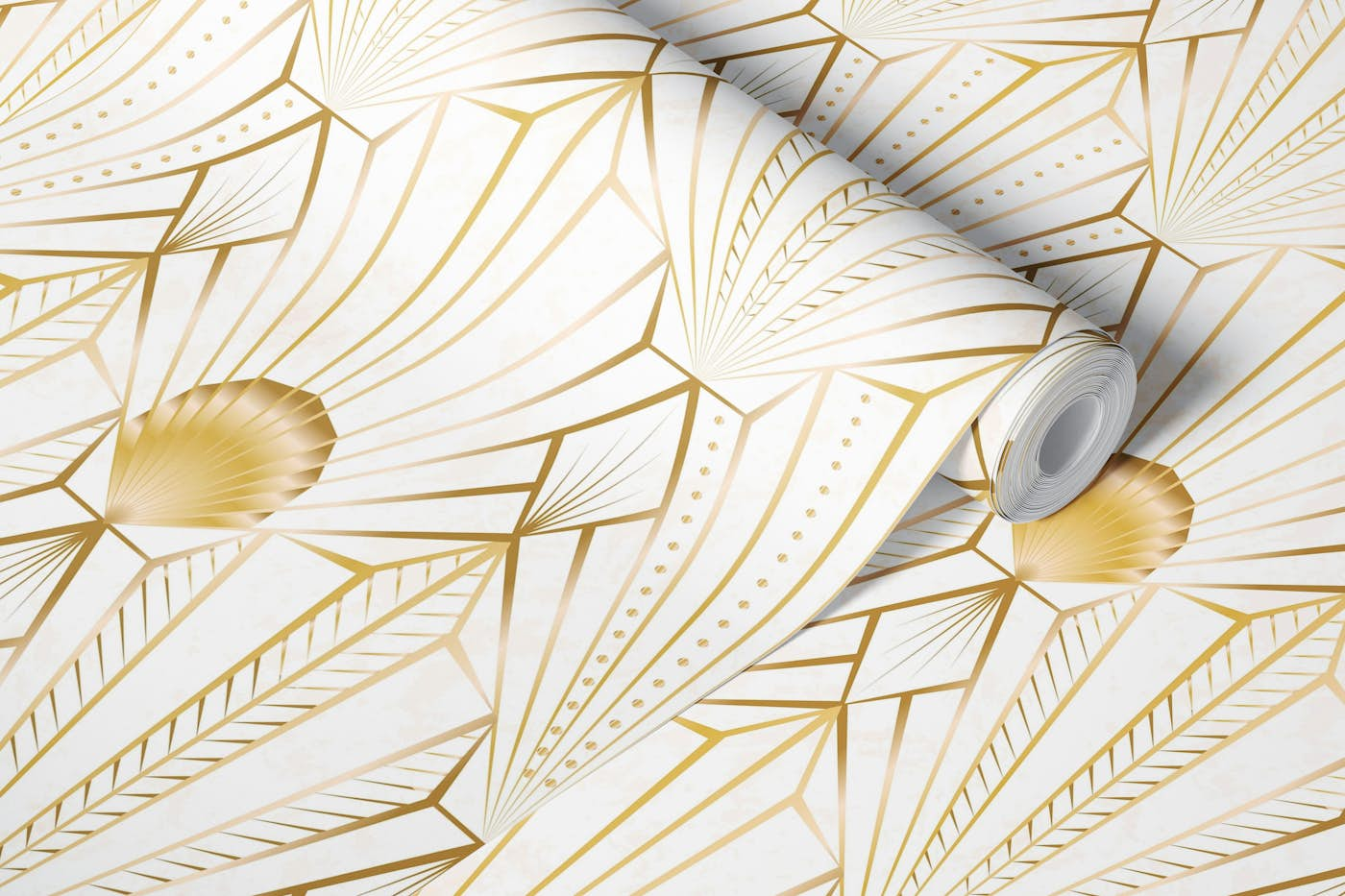 Modern Art Deco Shells - Gold on White marble wallpaper roll