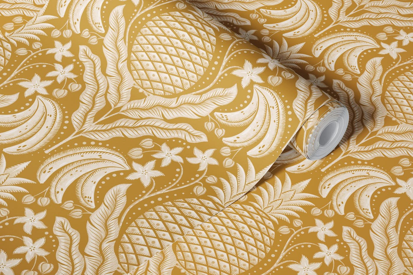 Tropical fruits damask on mustard wallpaper roll