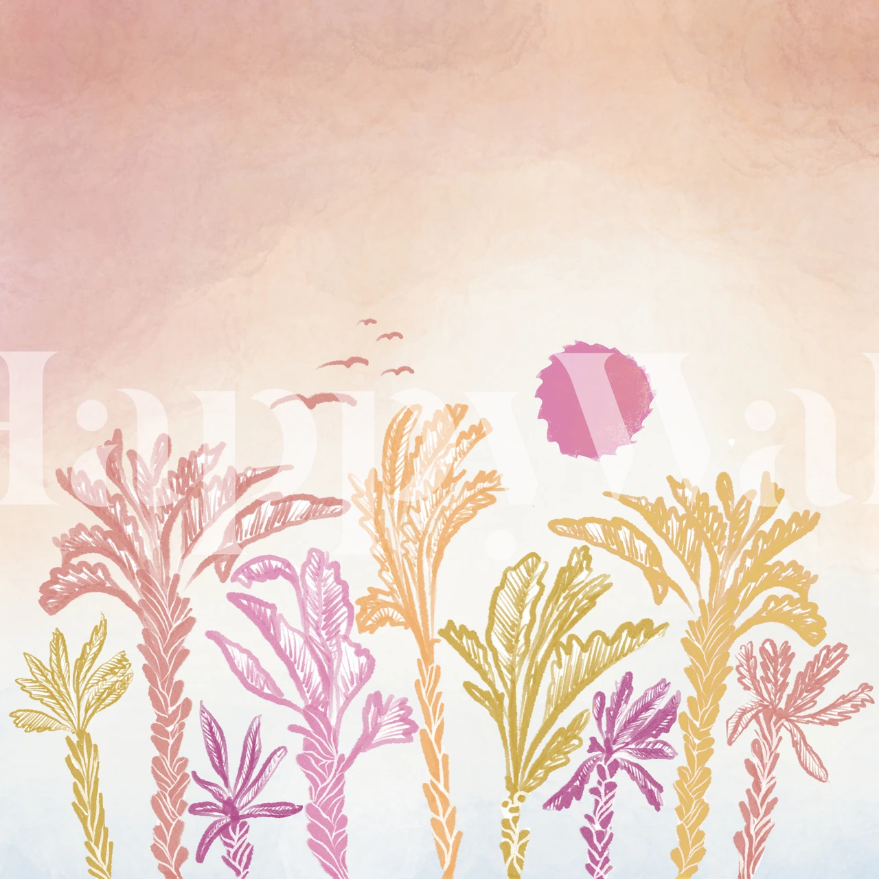 Tropical palm trees in sunset hues of pink, orange, and yellow wallpaper