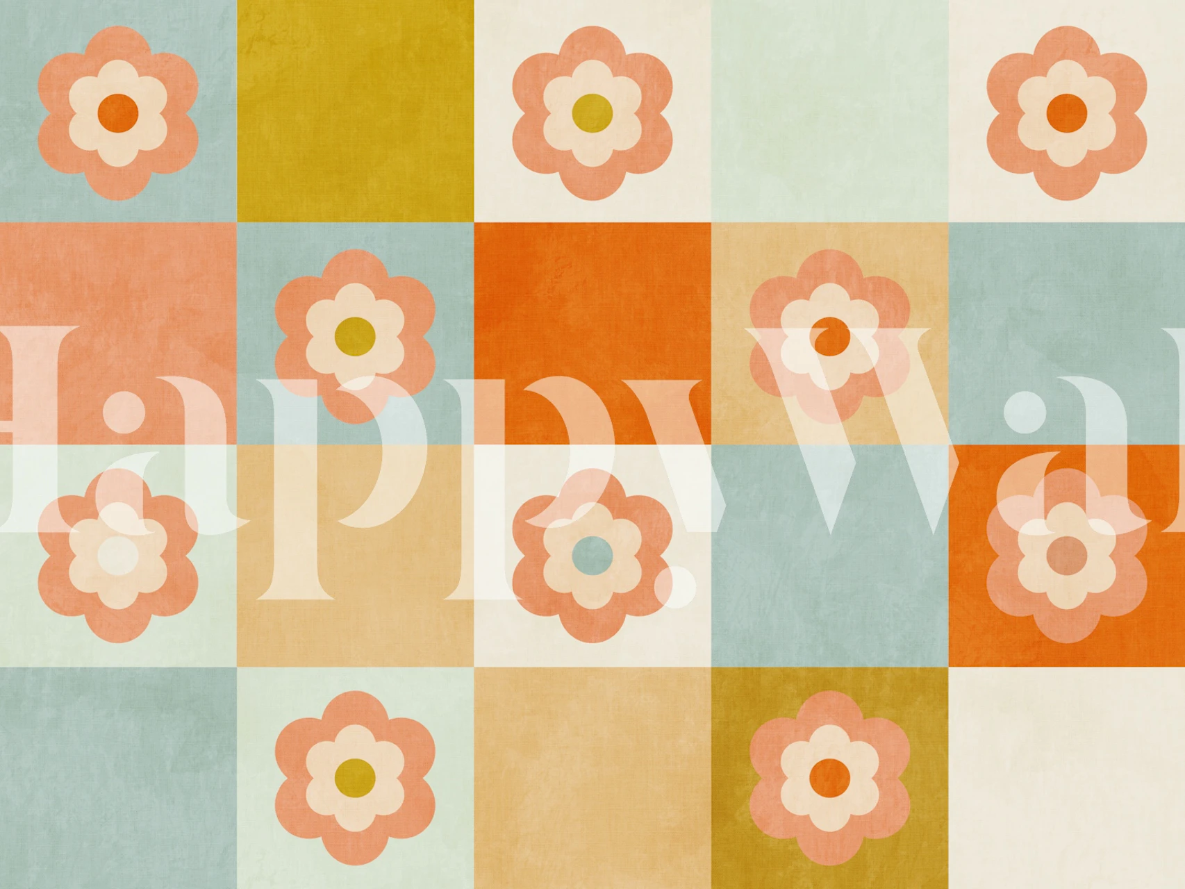 Colorful checkerboard patterned wallpaper with daisies in soft tones