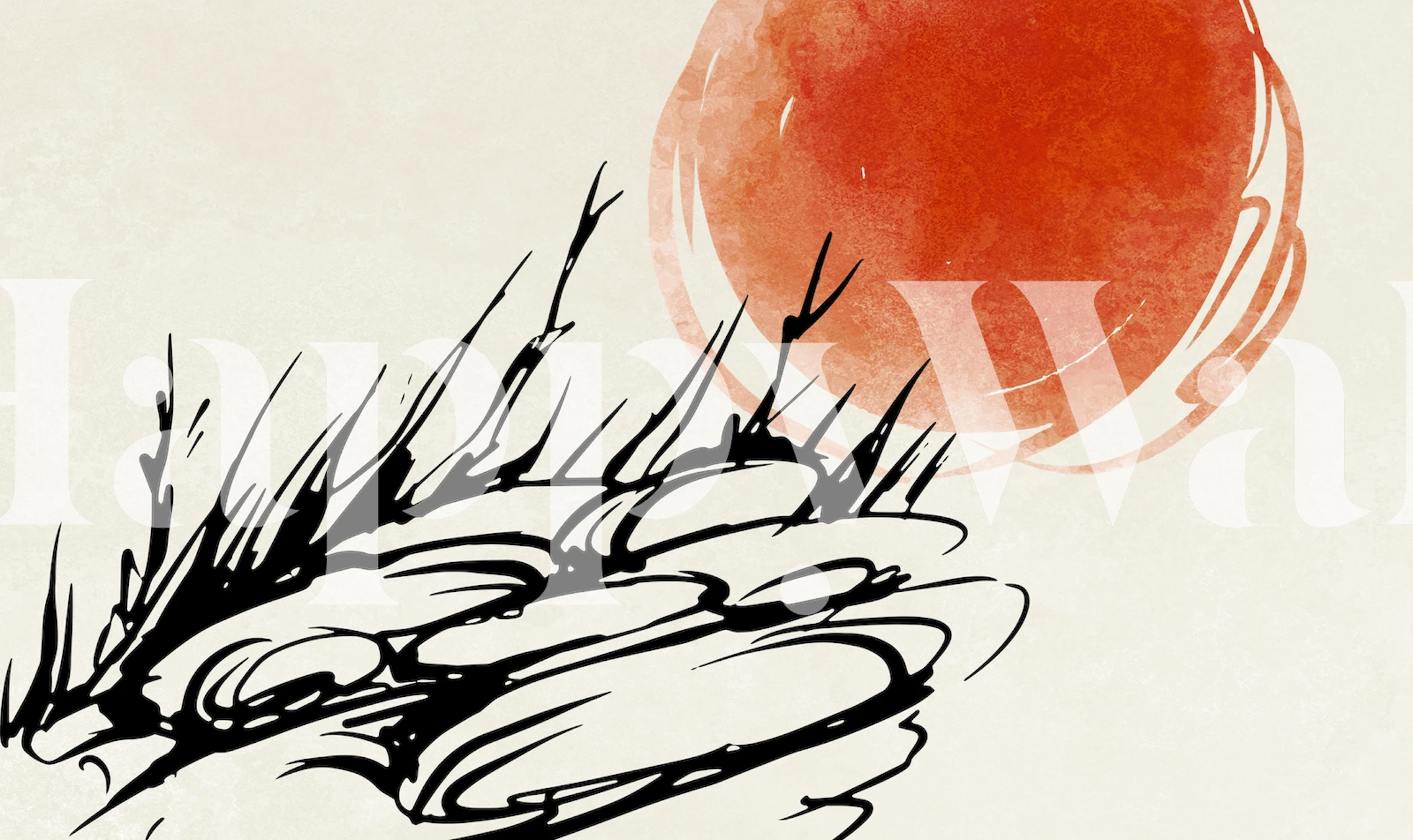 Japanese sunrise mural with vibrant orange sun and rocky landscape wallpaper