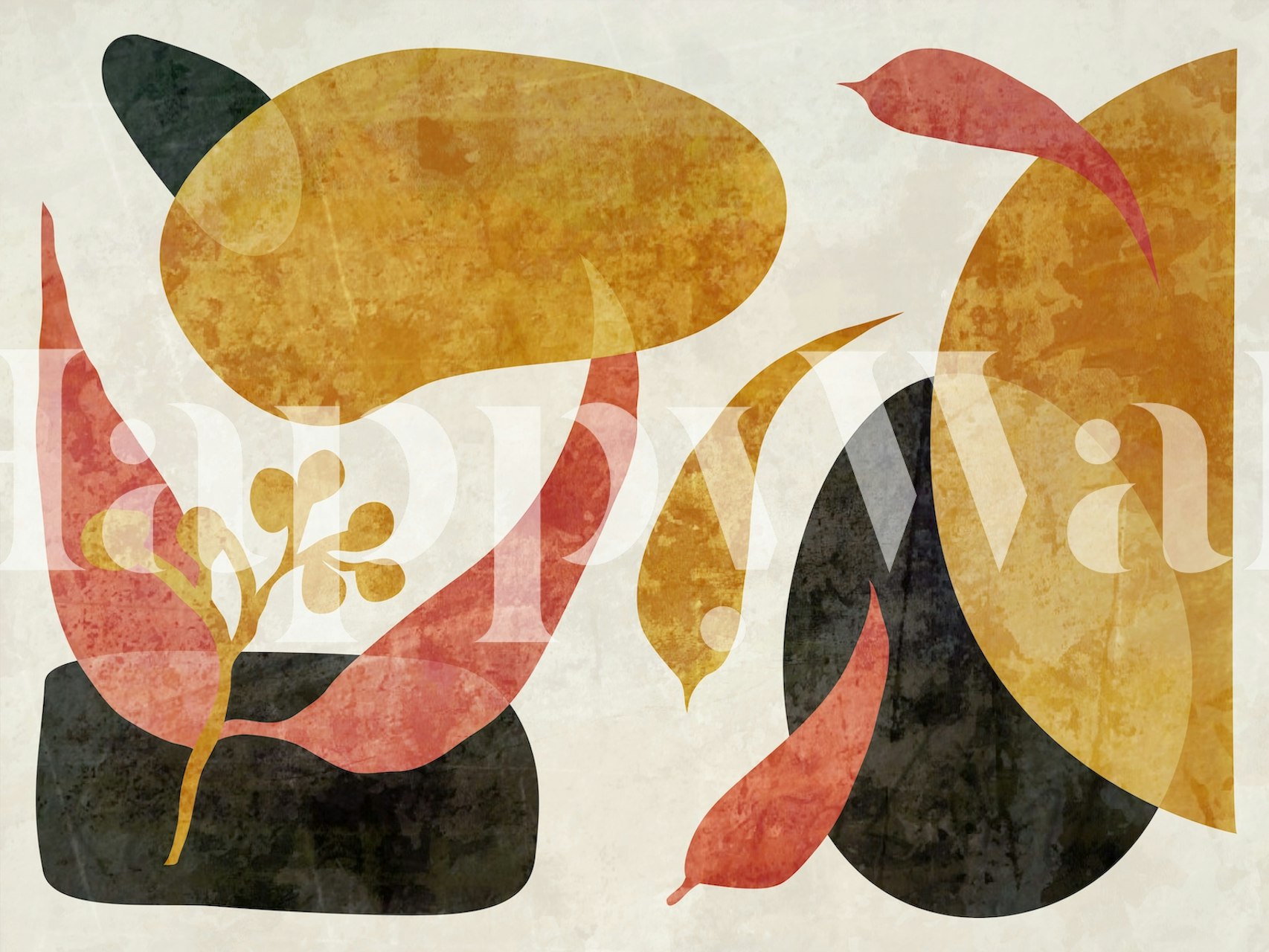 Abstract leaf shapes in warm colors of orange, black, and pink wallpaper