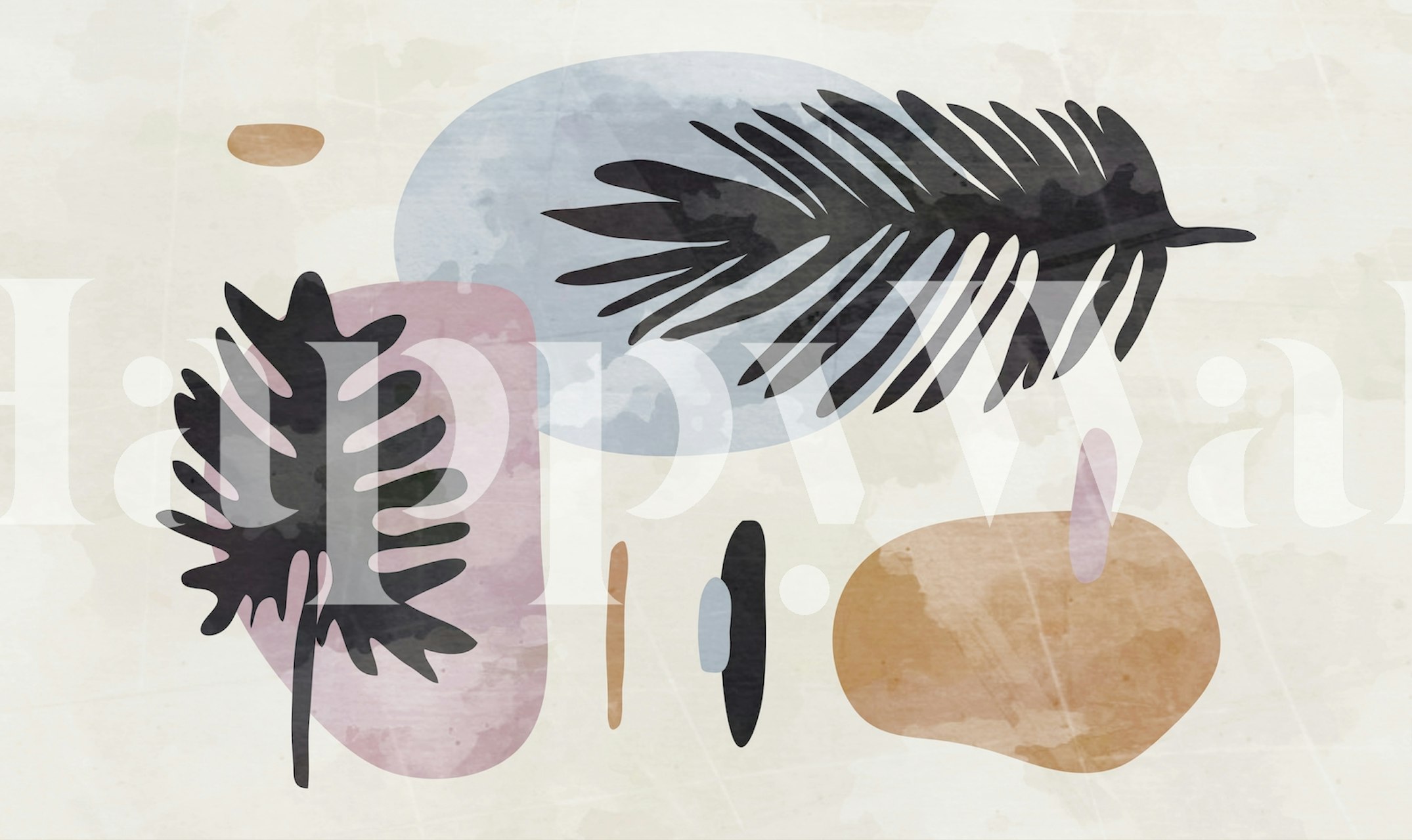 Retro-styled wall mural with stylized 1960s leaf patterns in earthy tones