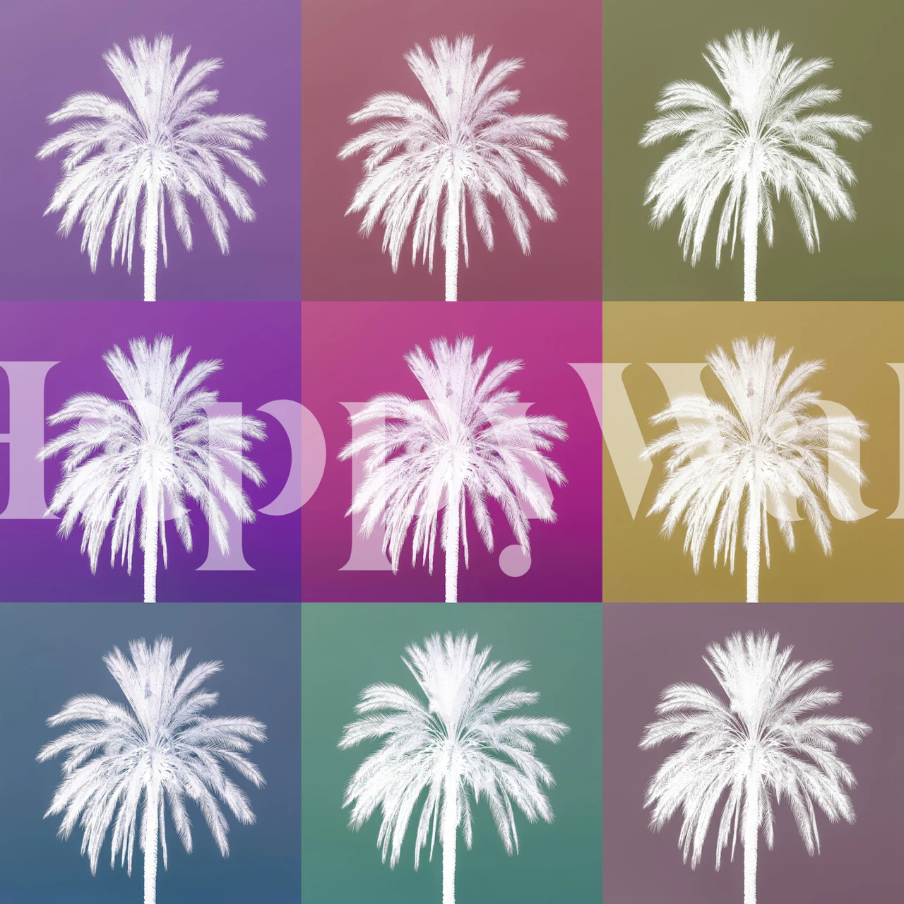 Colourful Palms wall mural with multicolored square backgrounds and white palm silhouettes