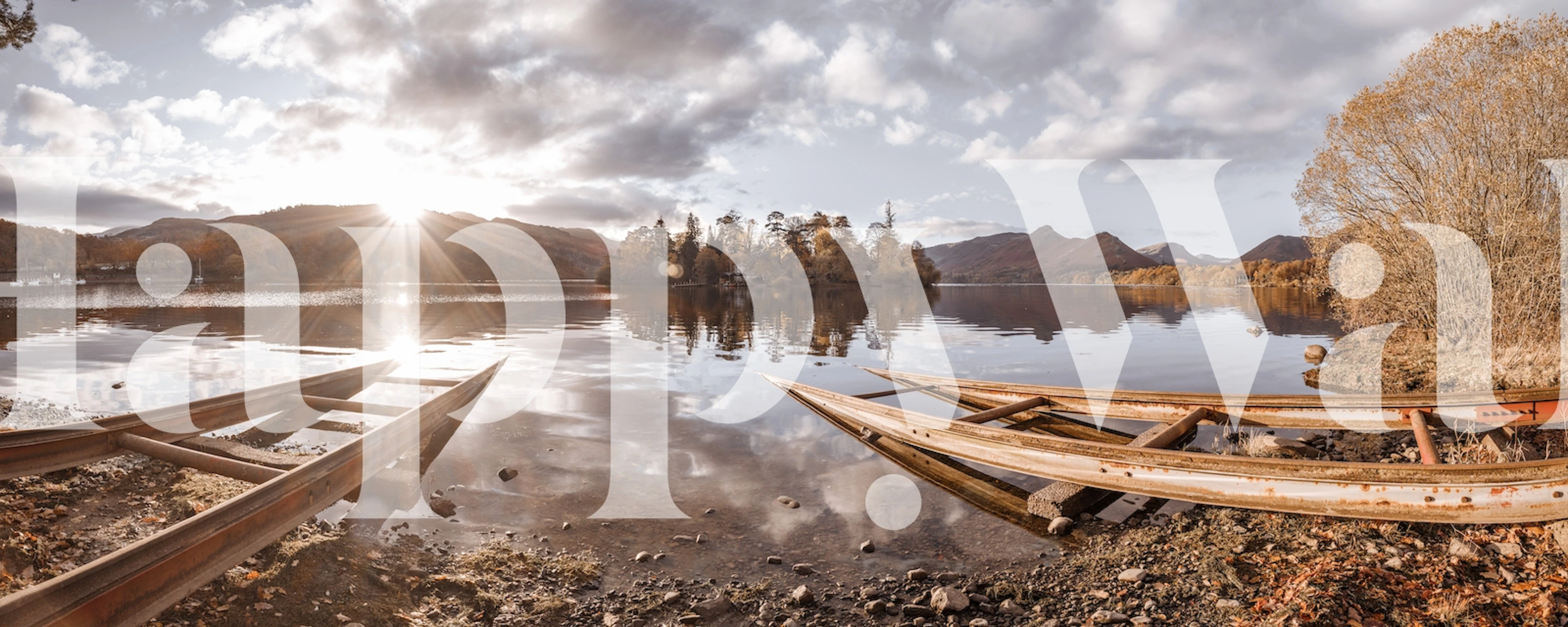 Calm lake with boats, soft browns and blues, scenic wallpaper