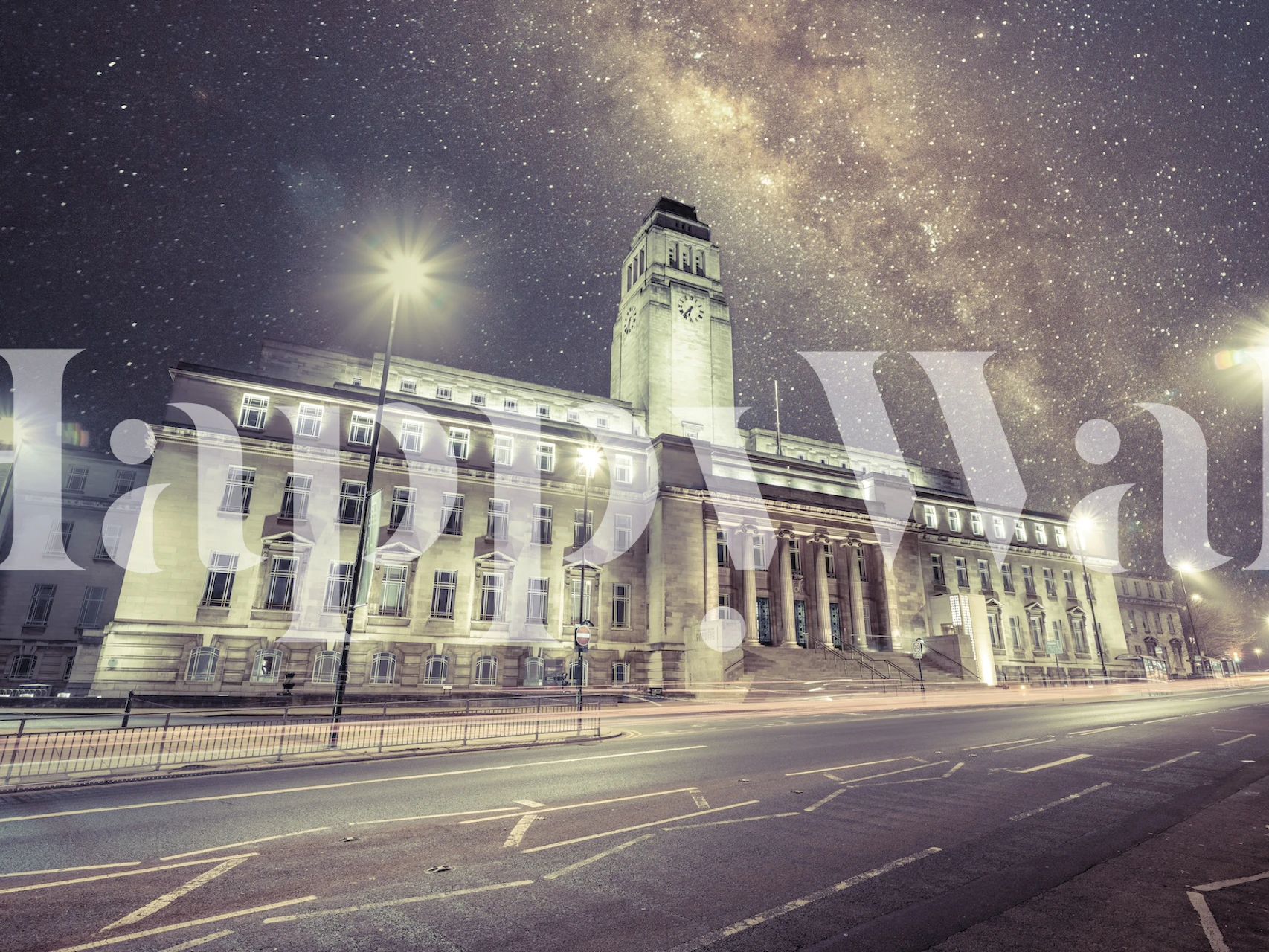 Cosmic night sky over a snow-covered cityscape wall mural