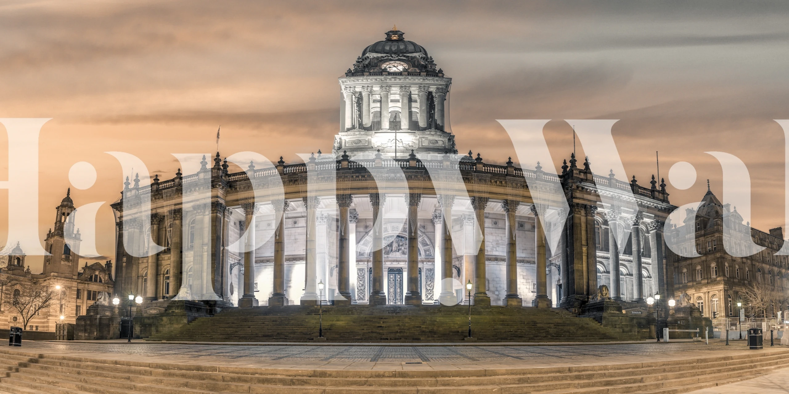 Leeds Town Hall exterior with grand columns and dome, grey tones wallpaper