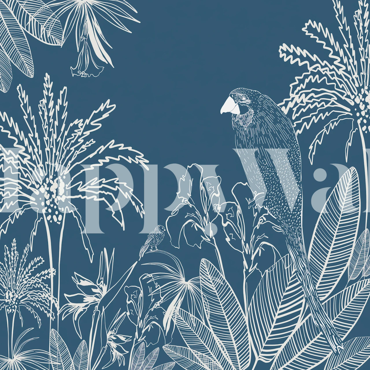 Tropisk arafuglsilhuett på mørkeblå bakgrunn med intrikate botaniske detaljer.
