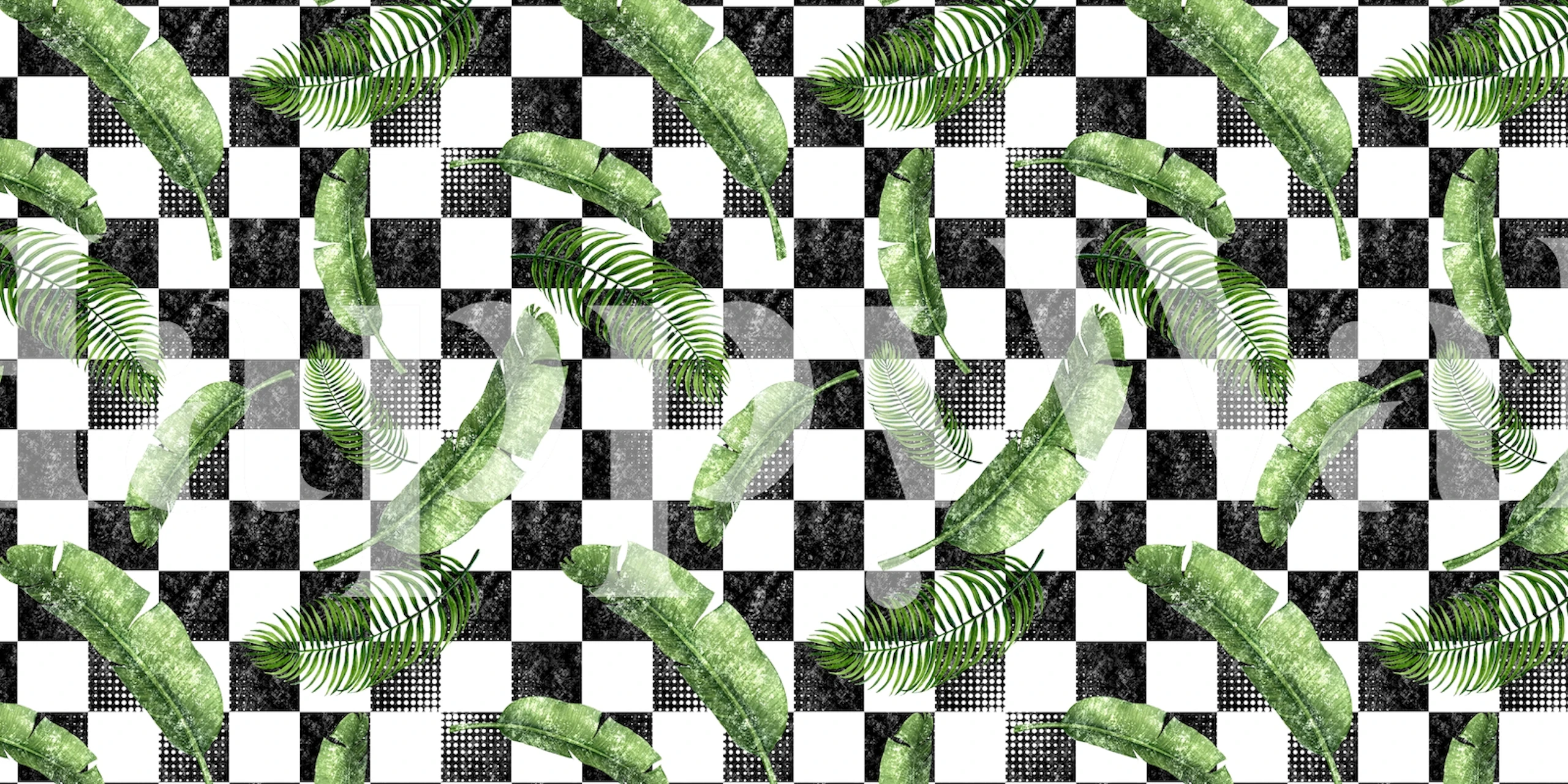 Fototapete Bananenblätter auf abwechselnd schwarz-weißem Schachbrettmuster