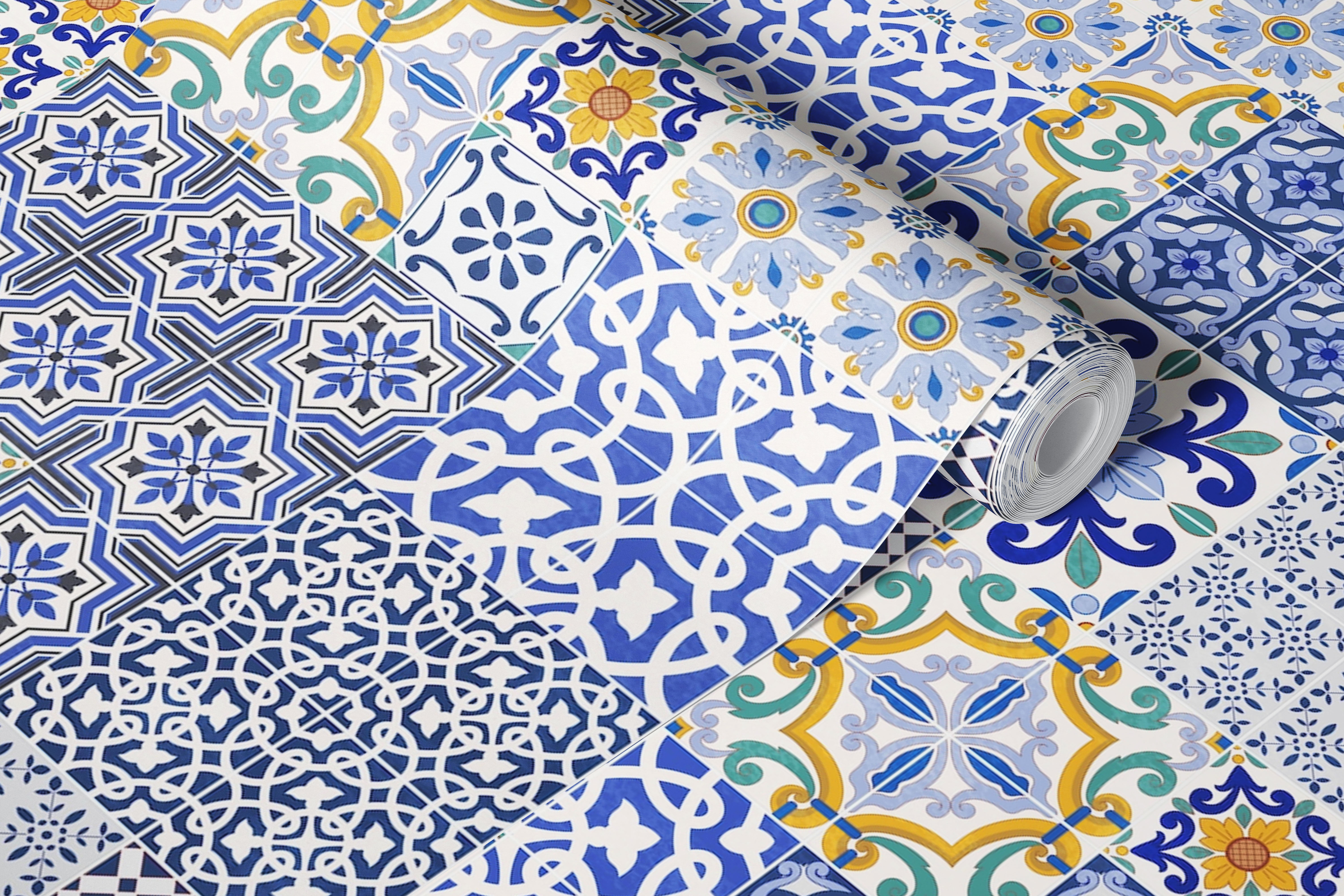 Blue tiles wallpaper in a room setting