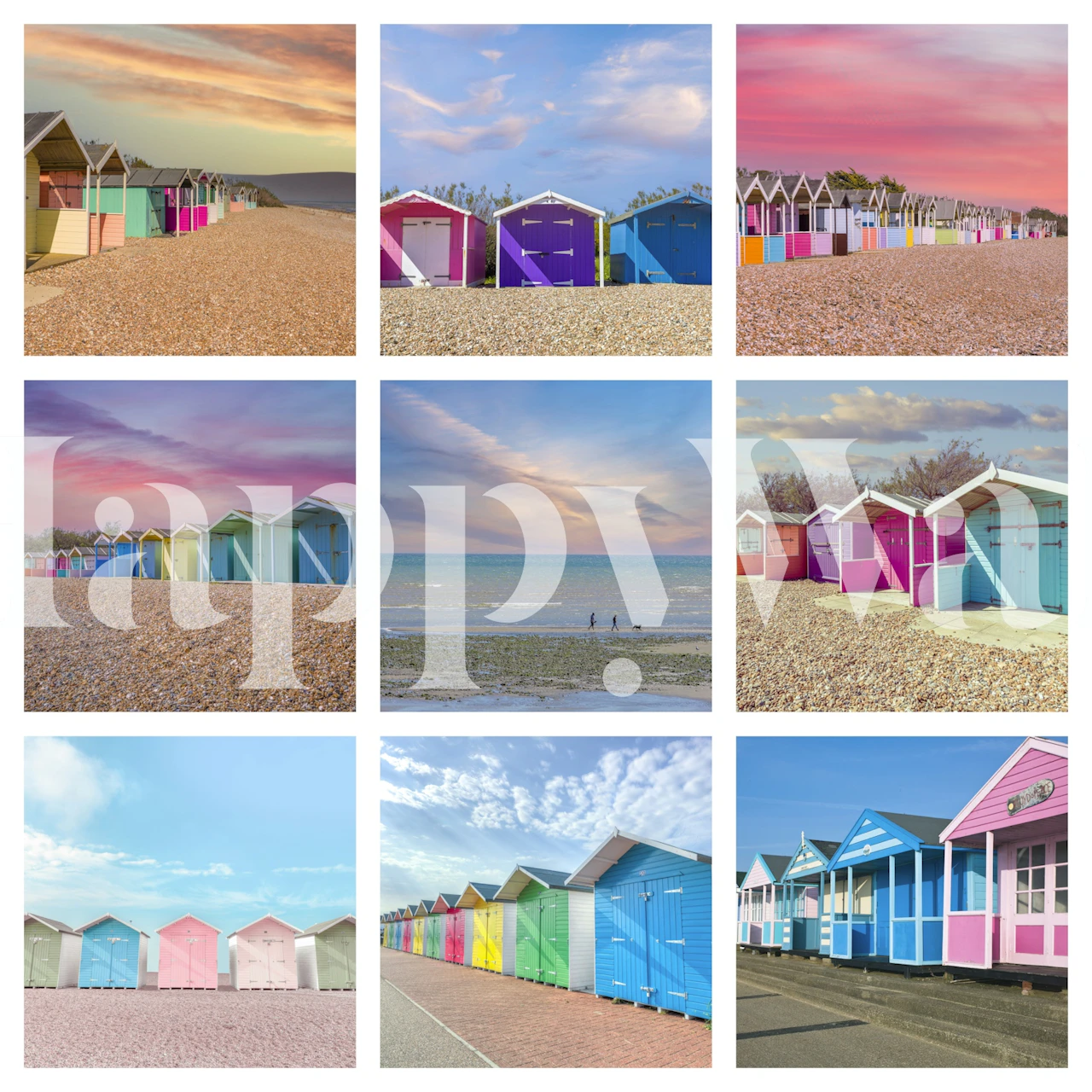 Colorful beach hut wallpaper in a room