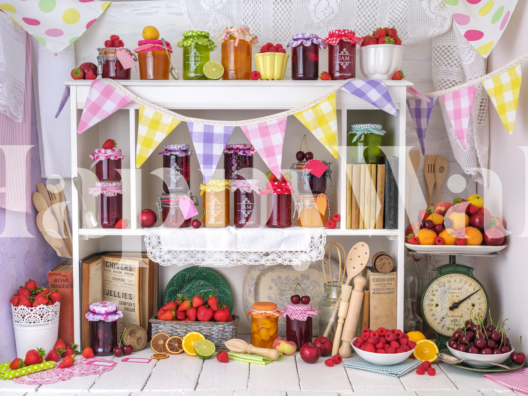 Colorful jars of fruit jam, fruit, and bunting pattern wallpaper
