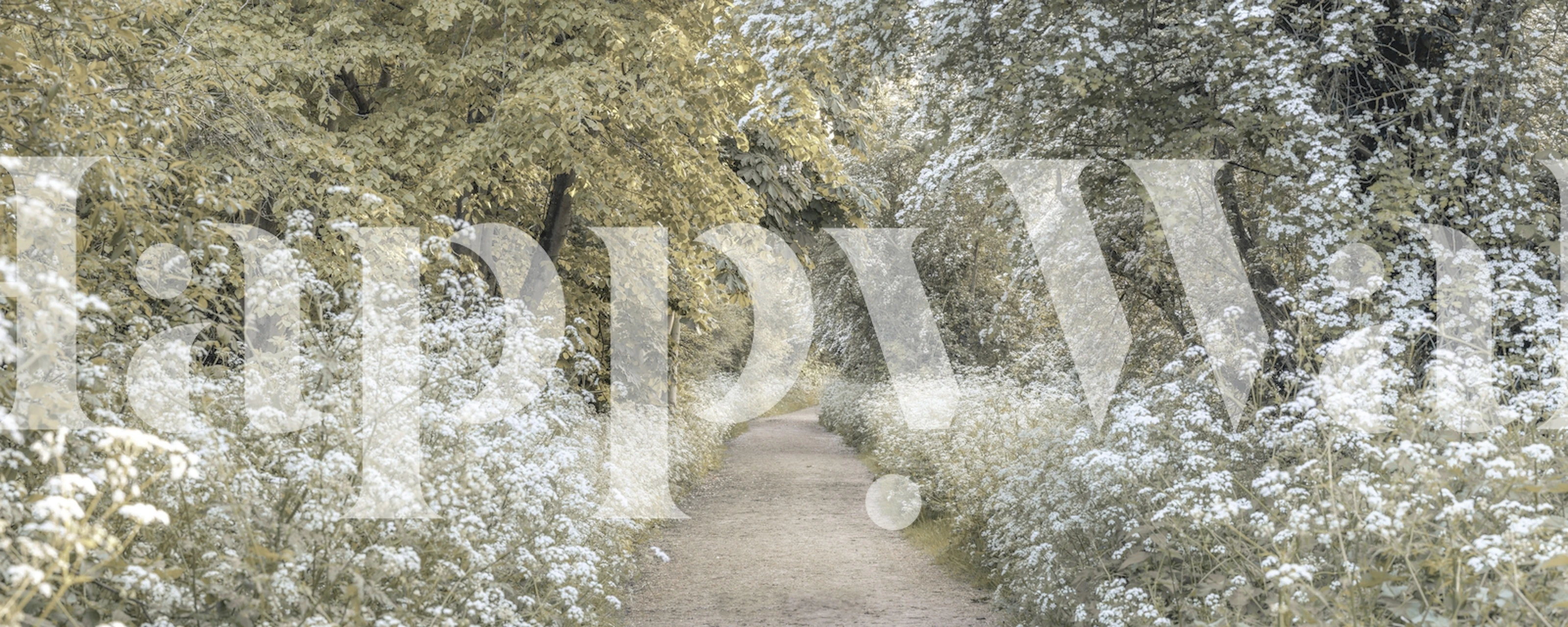 Woodland path surrounded by flowers and trees in soft colors wallpaper