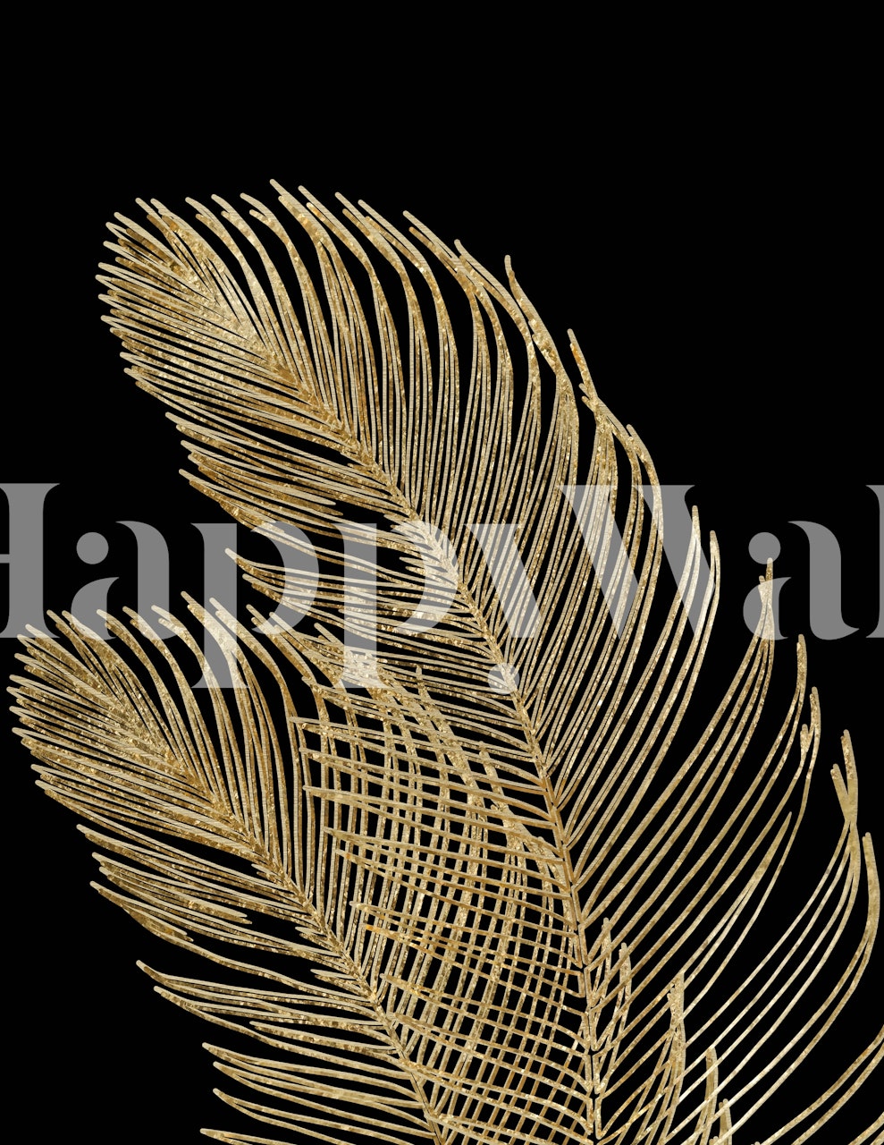 Golden palm leaf pattern on a black background wall mural