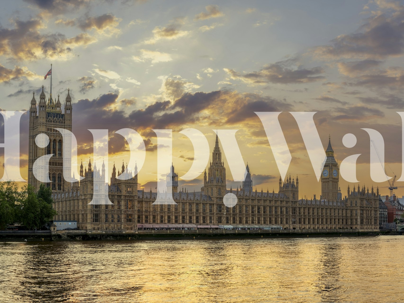 Historisk bygning ved solnedgang vægmaleri