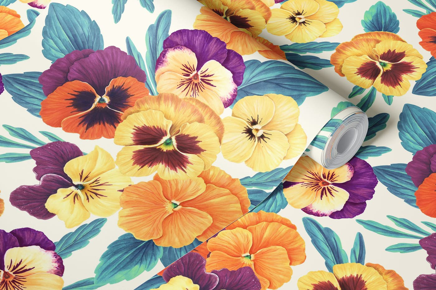 Pansies on off white wallpaper roll