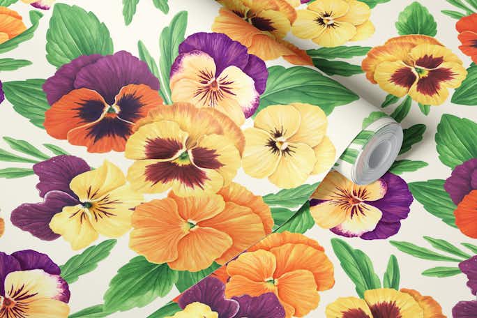 Pansies on off white 2wallpaper roll