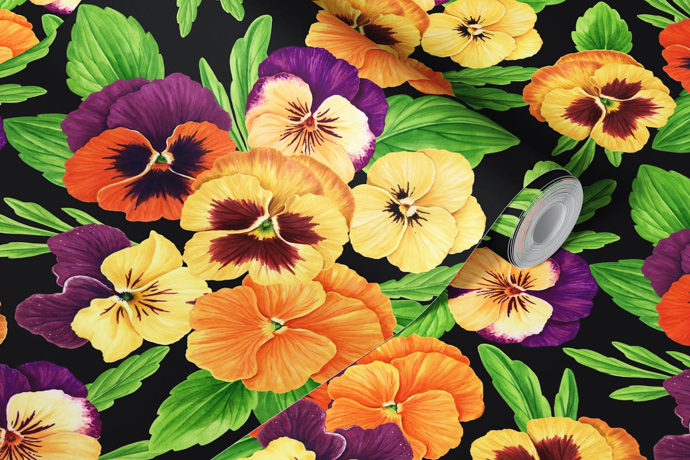 Pansies on black wallpaper roll