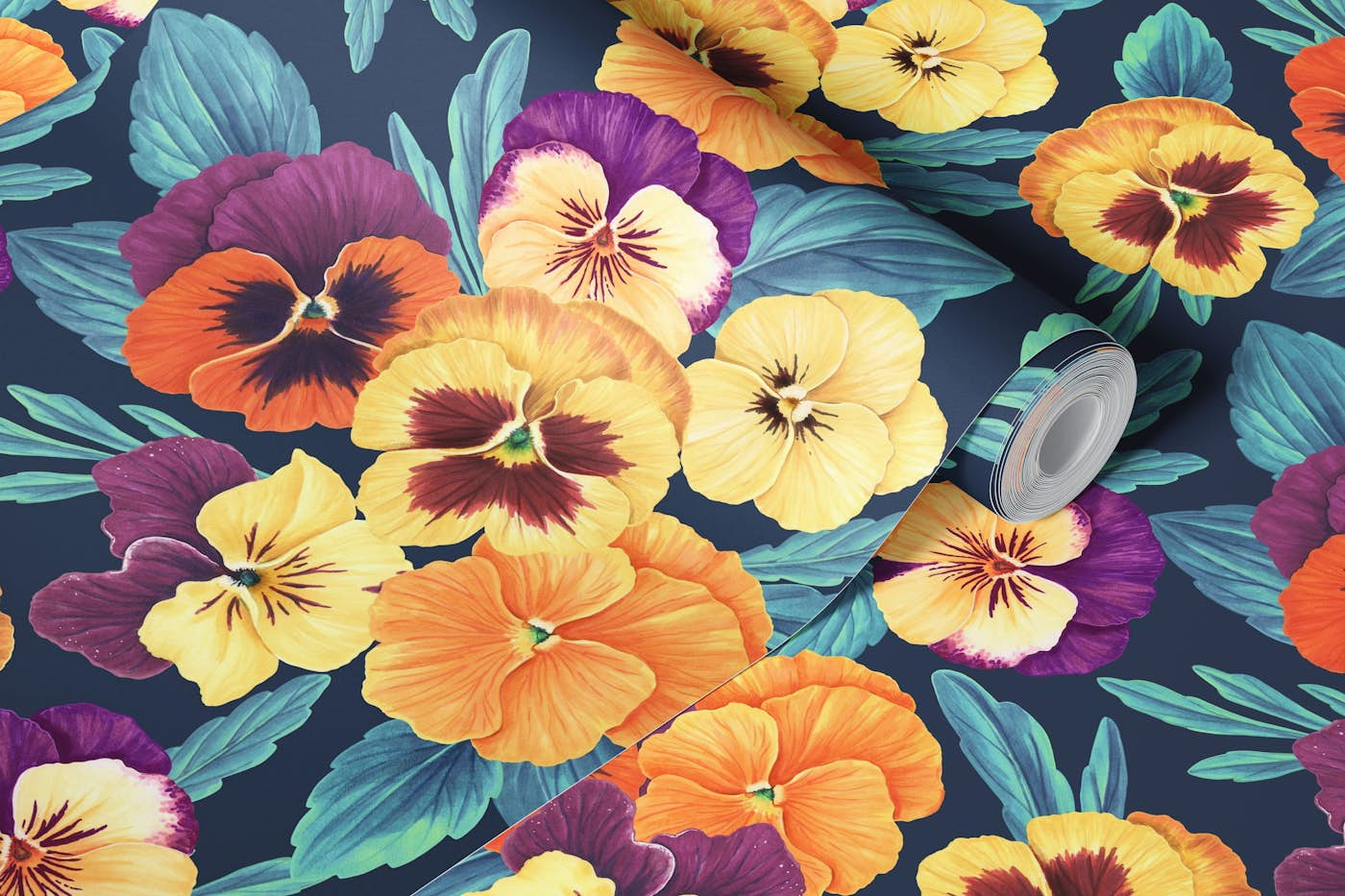 Pansies on navy wallpaper roll