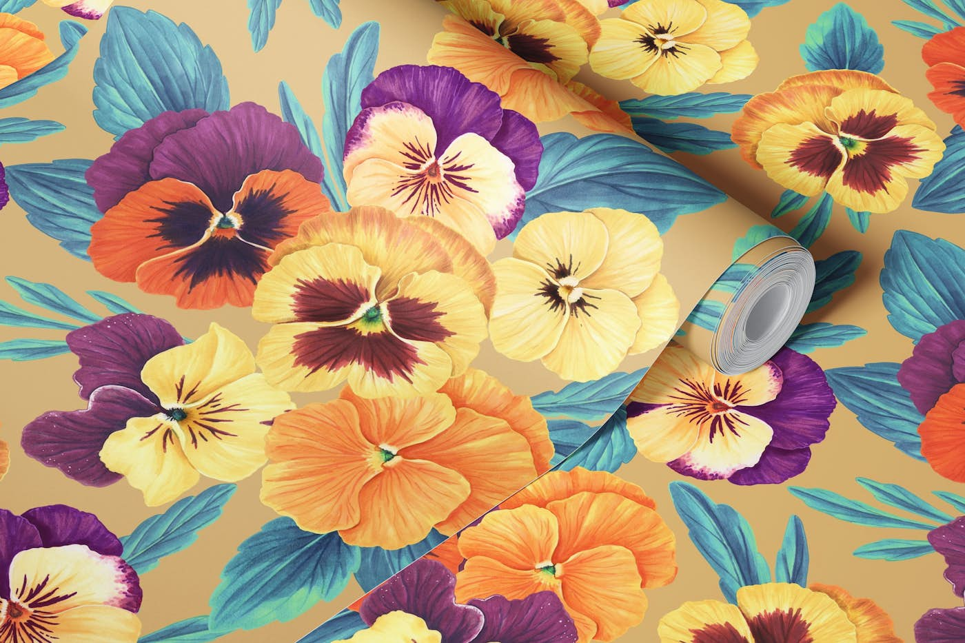 Pansies on honey wallpaper roll