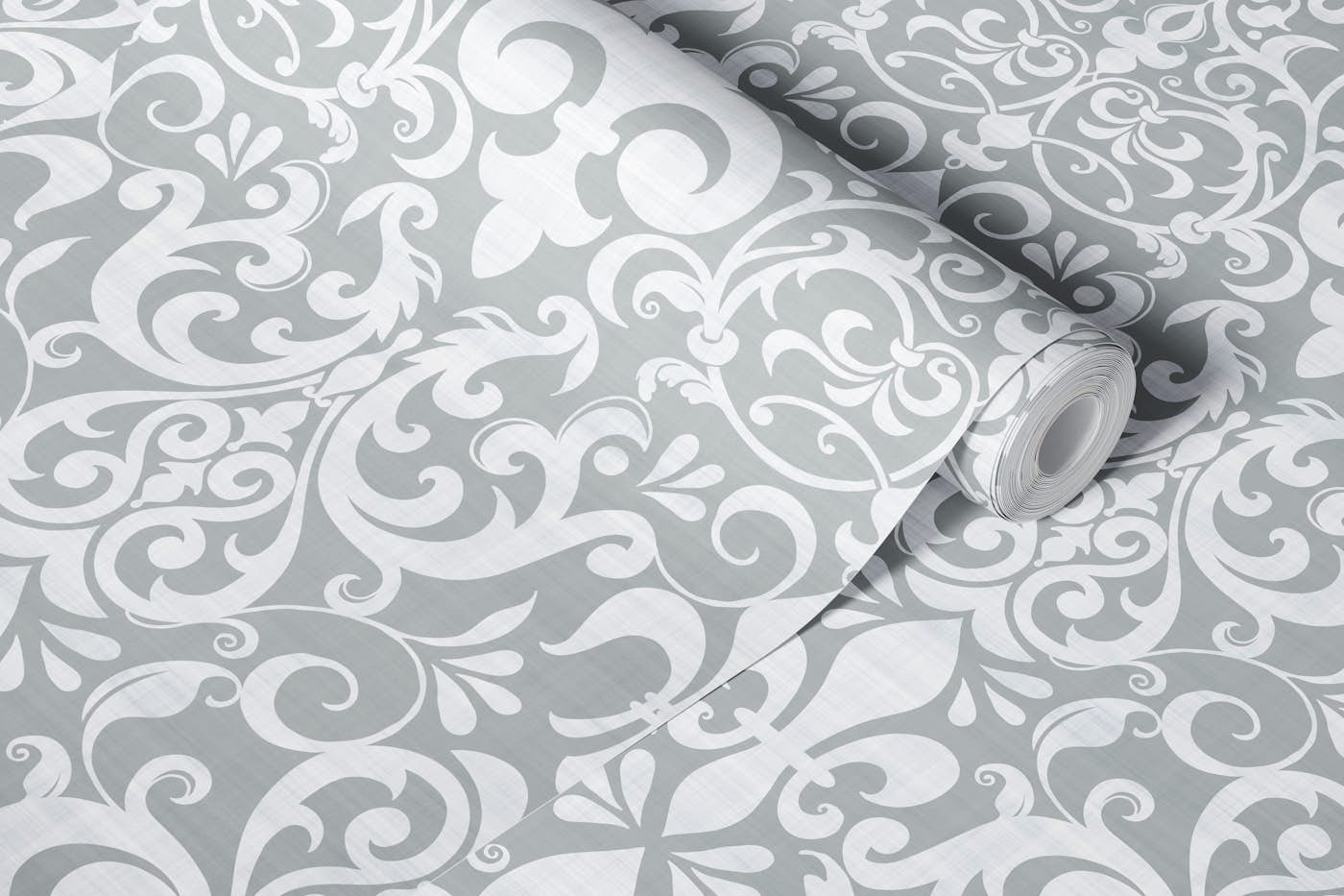 Fleur de Lis Damask French Linen Style Grey wallpaper roll